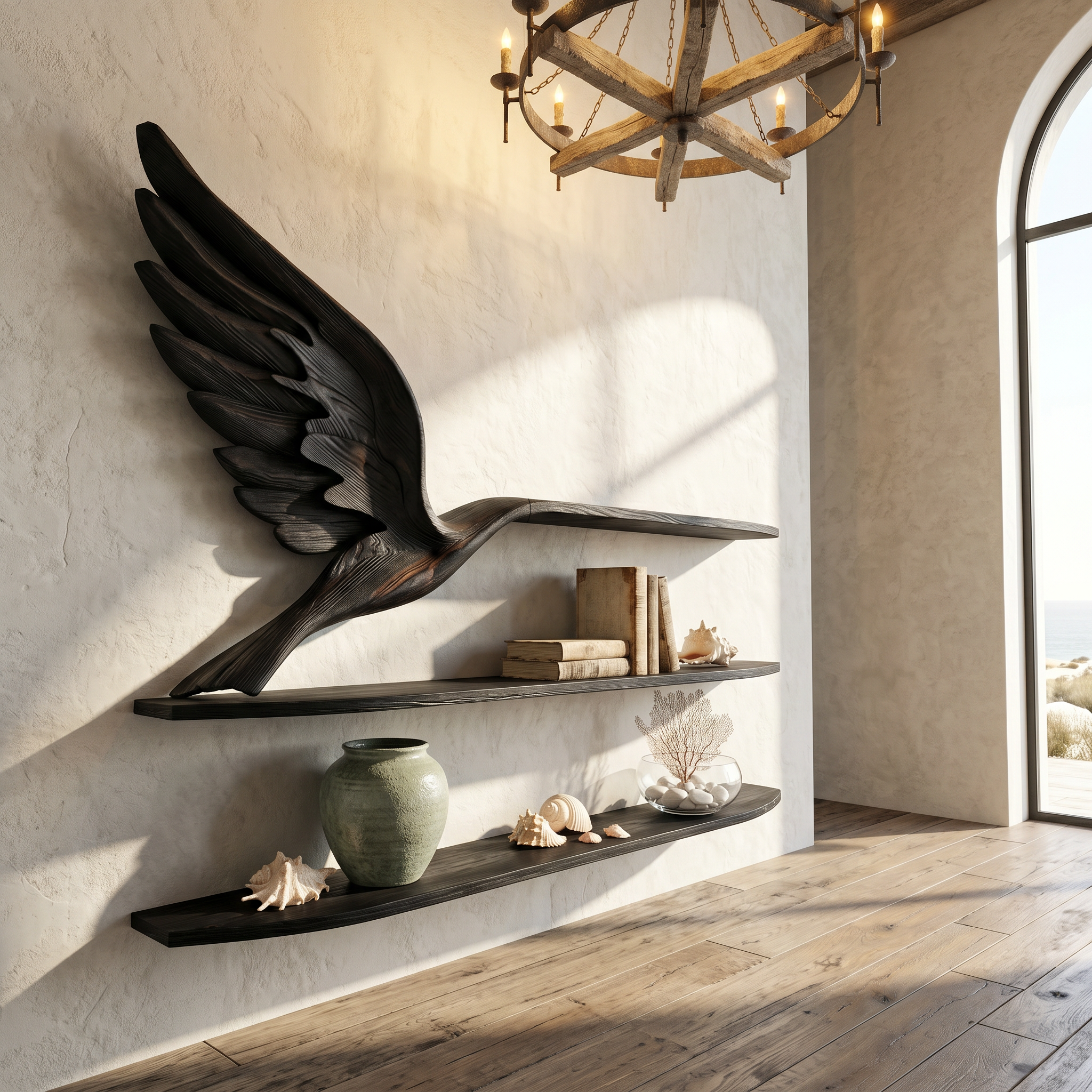 Handcrafted Eagle Wing Floating Shelf With Wooden Display Shelves For Living Room