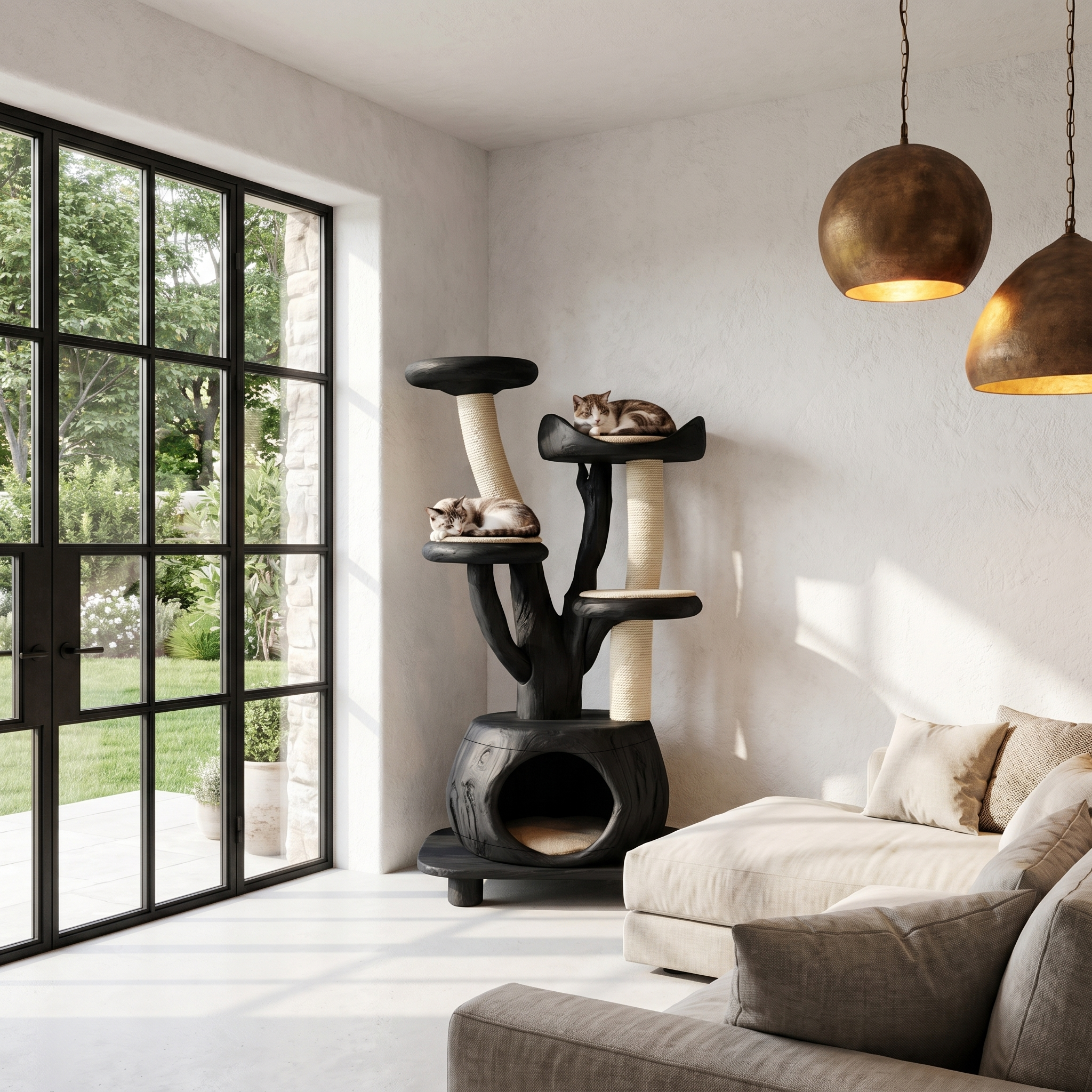 Rustic Tree Cat Tower With Cozy Pet Bed For Living Room