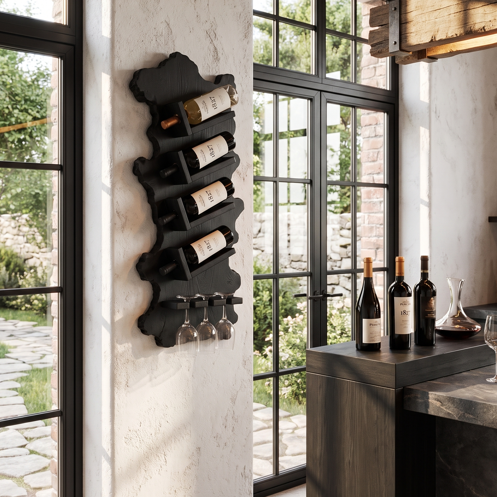 Minimalist Wall Mounted Wine Holder With Open Bottle Storage For Home Bar
