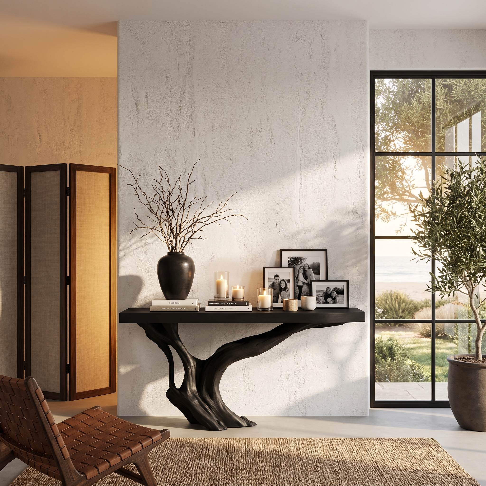 Organic Wall Mounted Console Table With Sculptural Wood Base For Hallway