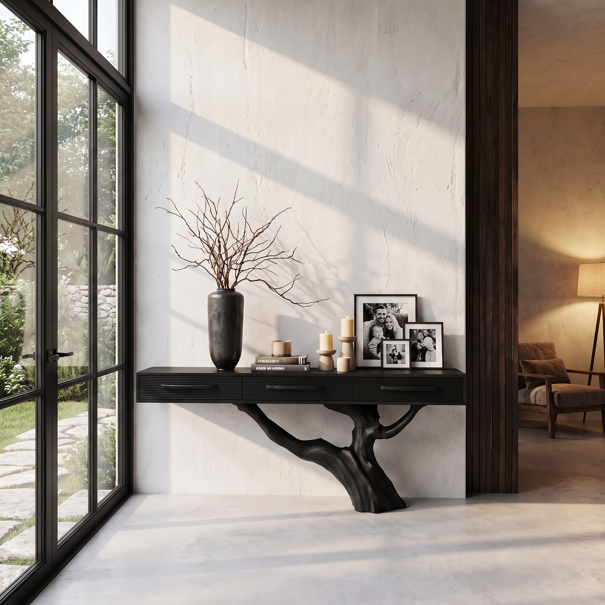 Statement Console Table With Nature Inspired Tree Base For Living Room