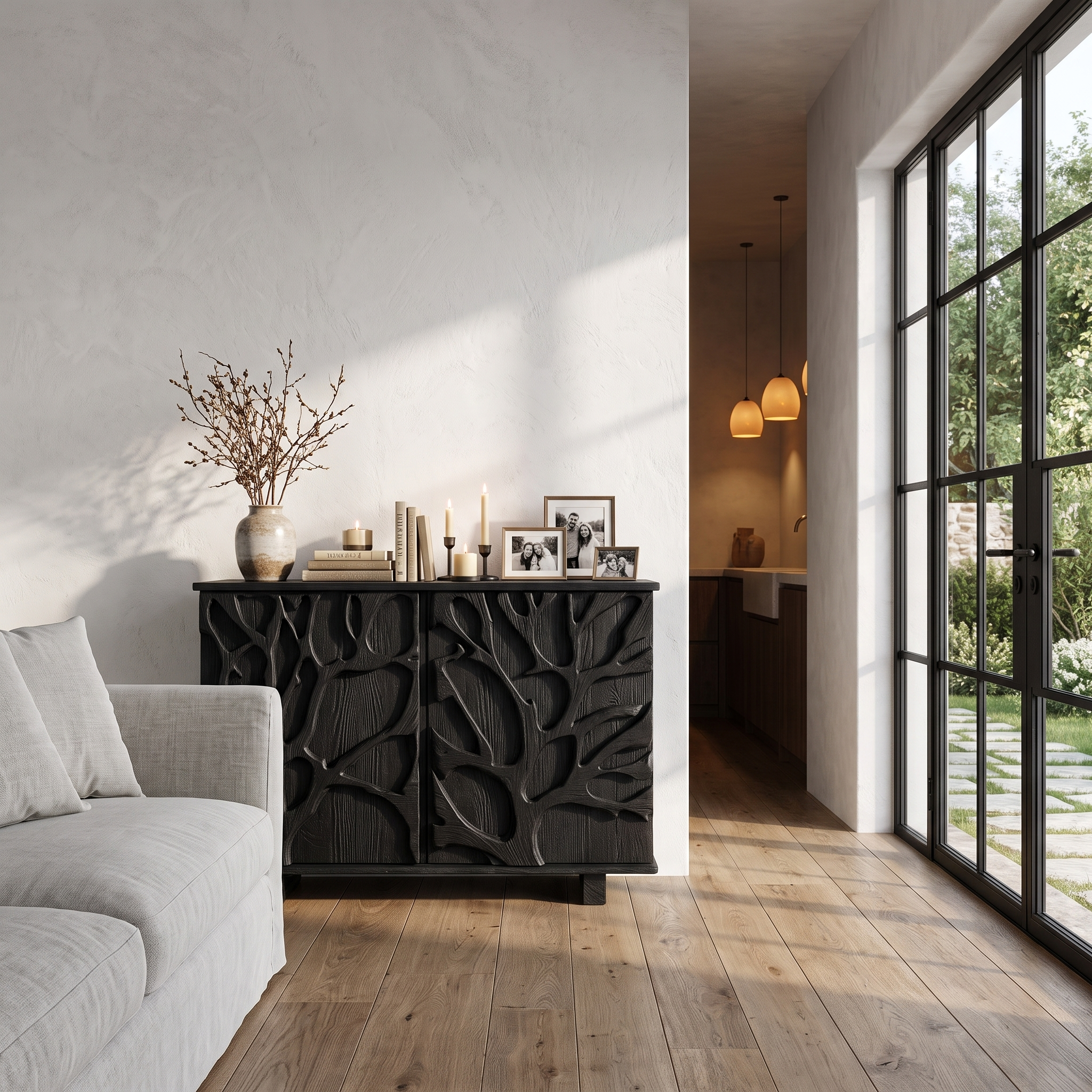 Nature Inspired Storage Cabinet With Hand Carved Wood Design For Entryway