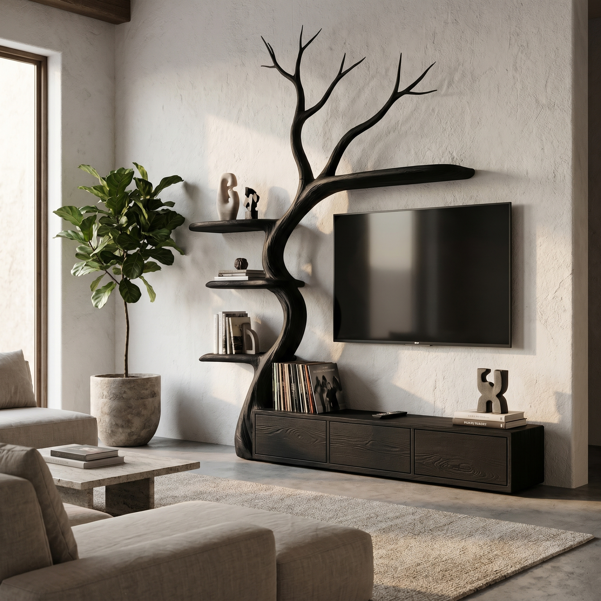 Rustic Tree Branch TV Cabinet With Integrated Display Shelves For Living Room