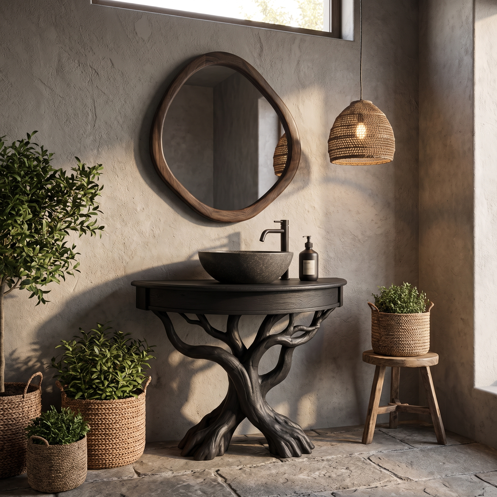 Tree Bathroom Vanity With Floating Countertop And Display Shelves For Bathroom