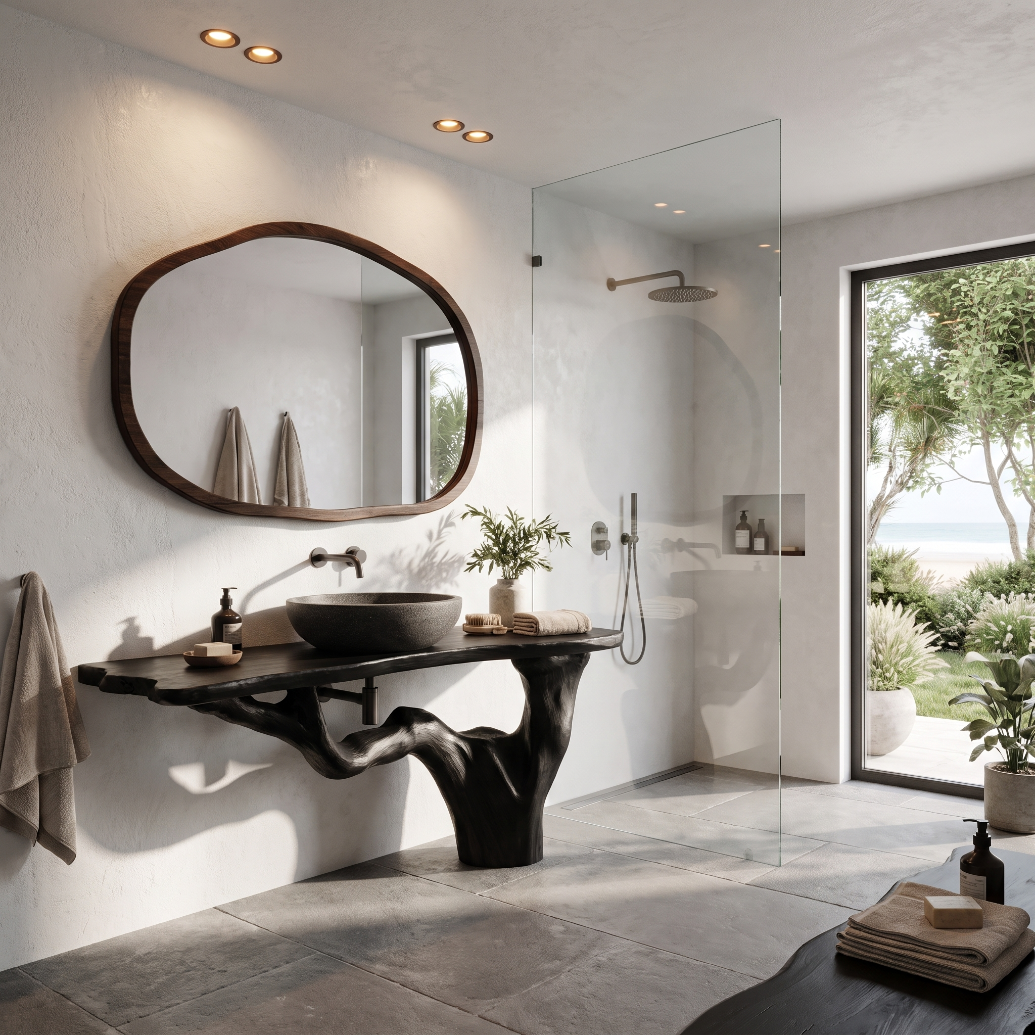 Handcrafted Bathroom Vanity With Tree Trunk Design For Powder Room