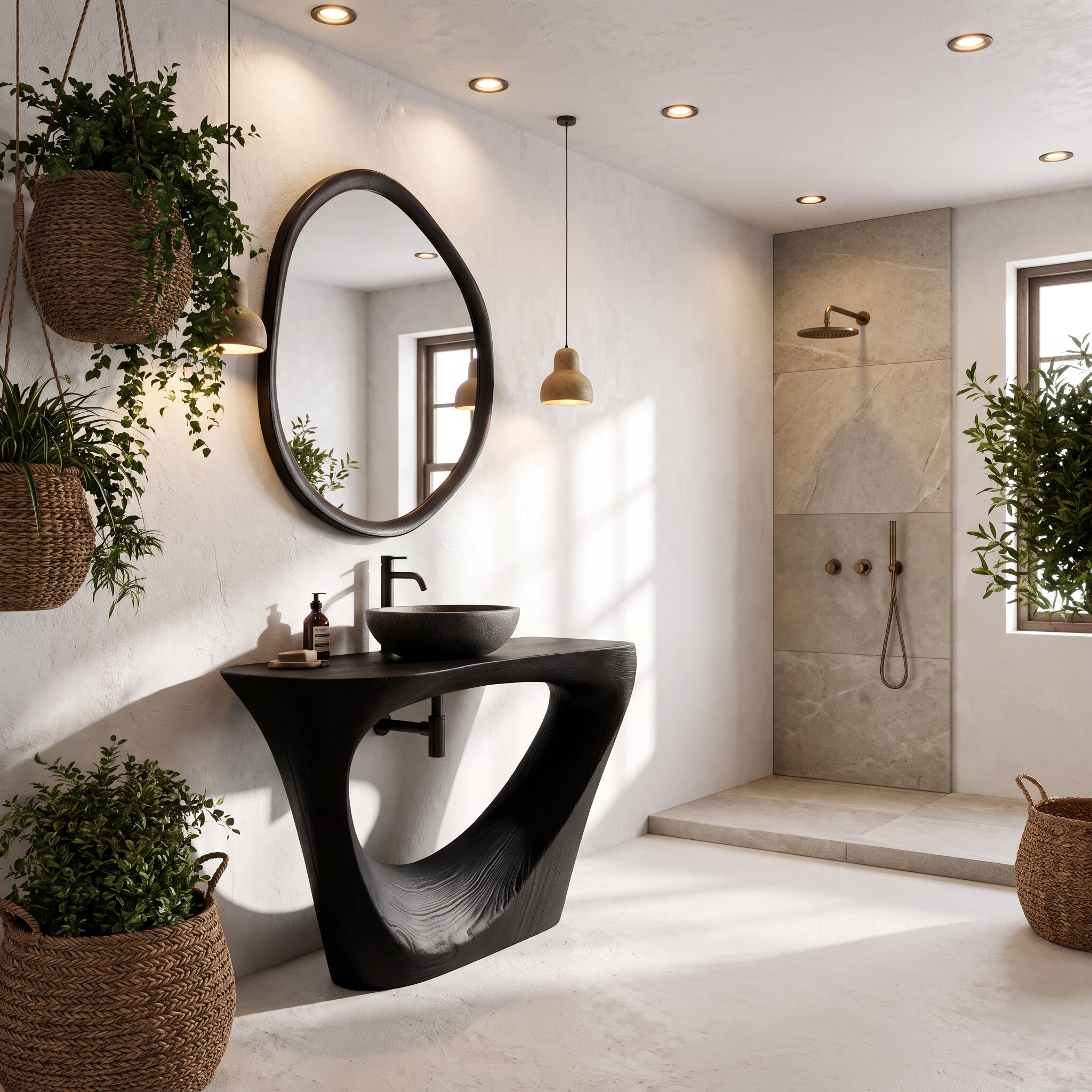 Live Edge Floating Bathroom Vanity With Sculptural Tree Support For Bathroom