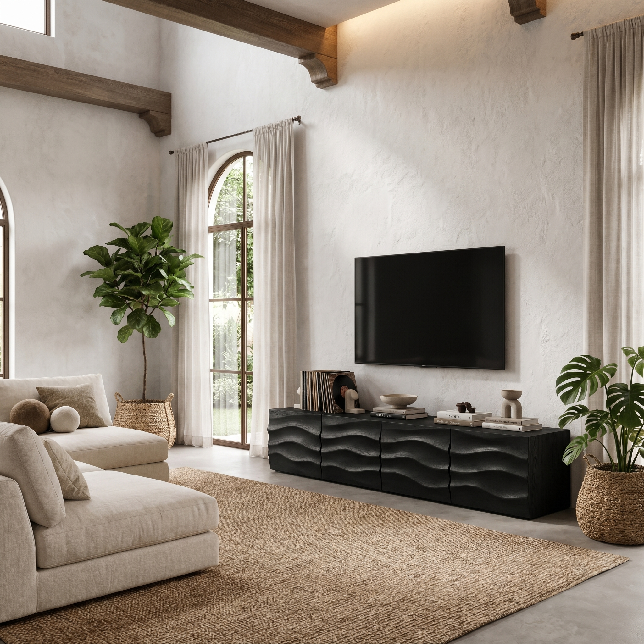 Organic TV Cabinet With Wave Front Doors And Built In Storage For Living Room