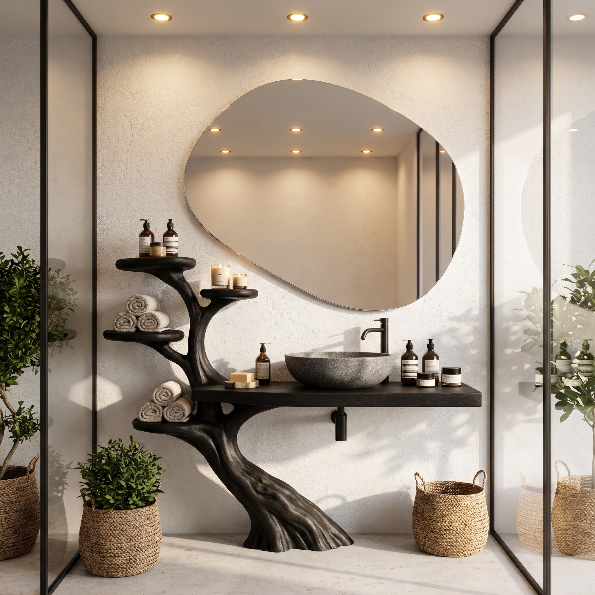 Rustic Bathroom Vanity With Sculptural Wood Structure For Bathroom