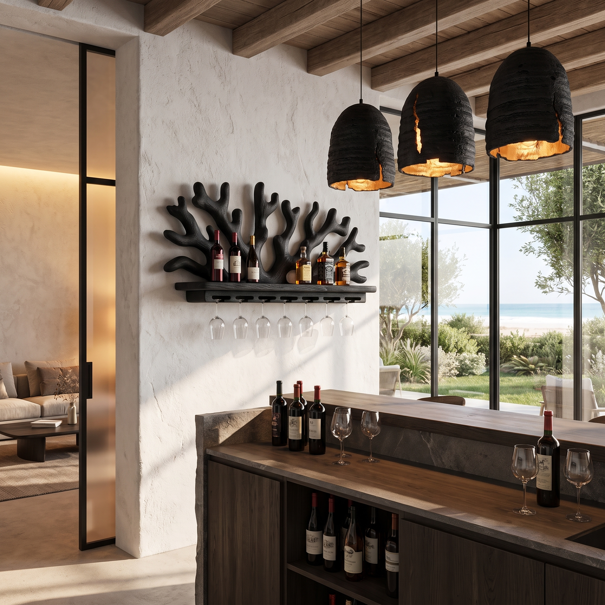 Organic Floating Wine Holder With Live Edge Display For Dining Room