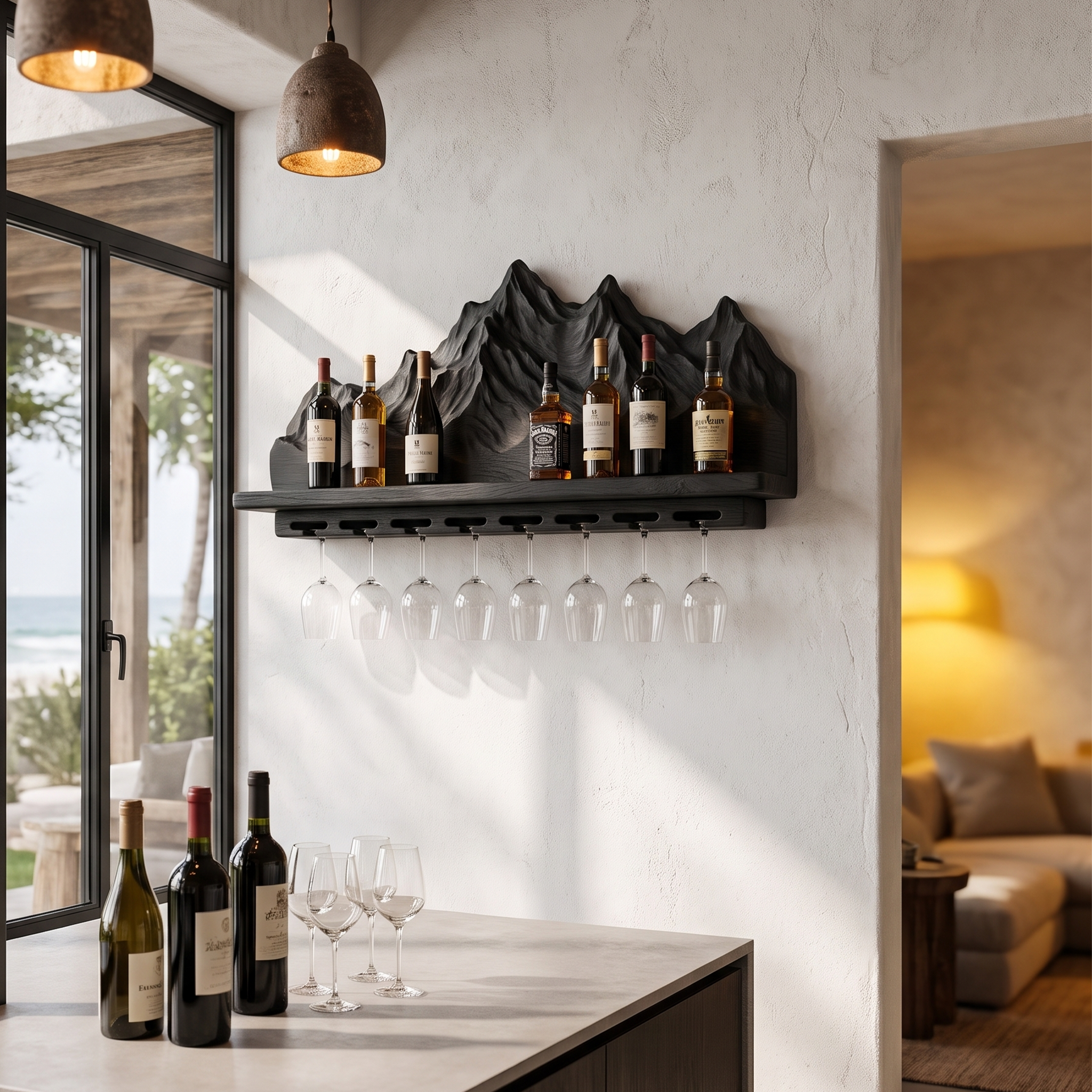 Nature Inspired Wall Wine Holder With Mountain Shelf For Home Bar