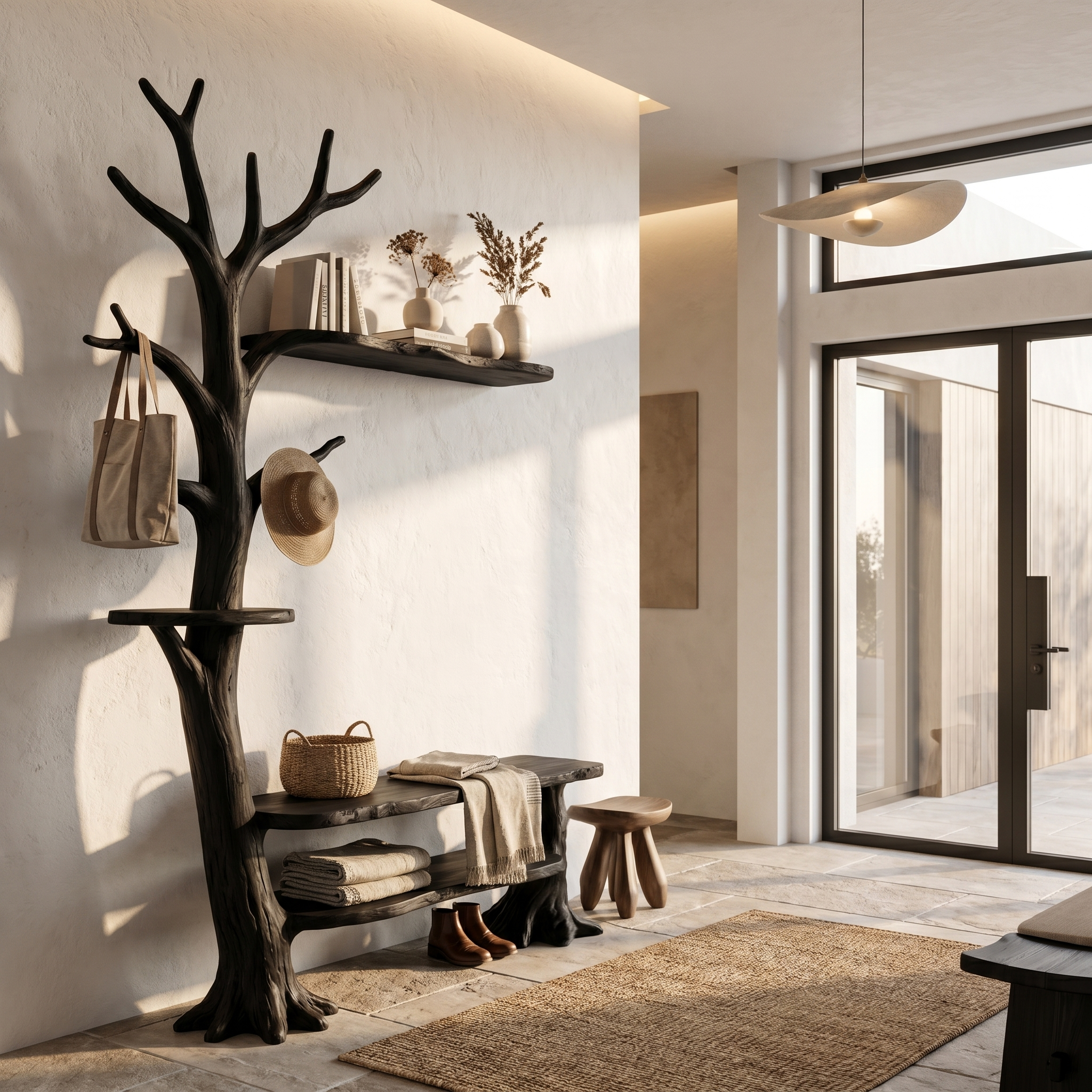 Rustic Tree Coat Rack With Integrated Bench And Floating Display Shelves For Entryway.