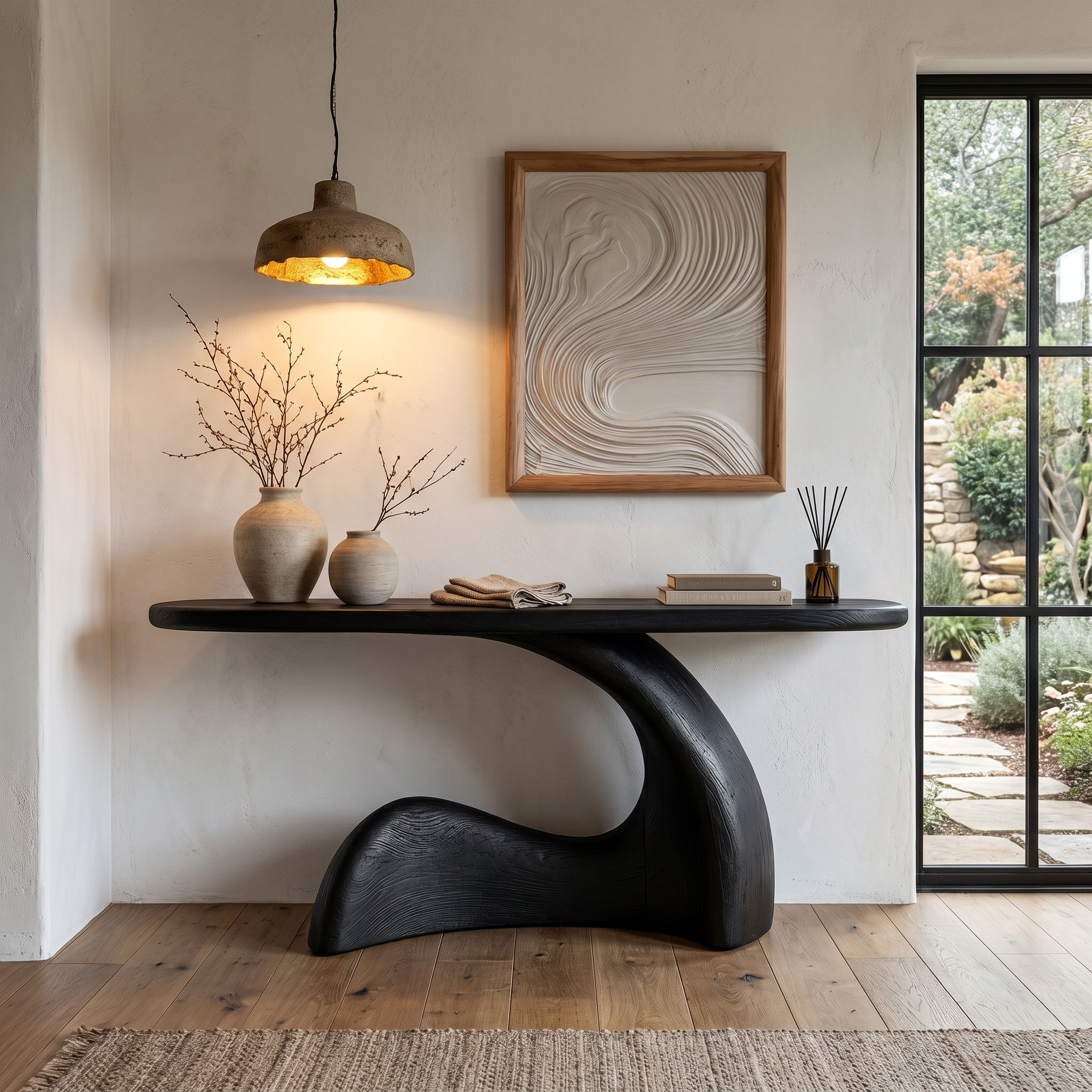 Organic Console Table With Sculptural Curved Wood Base For Entryway And Living Room