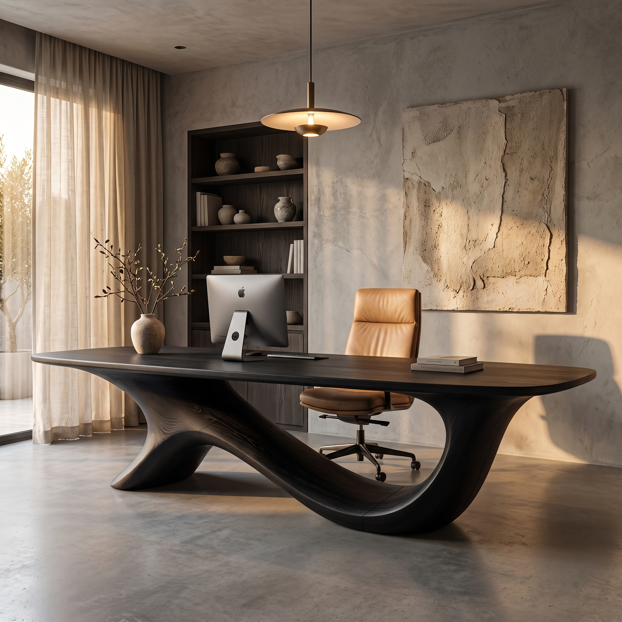 Modern Sculptural Base Desk Solid Wood Desk For Workspace