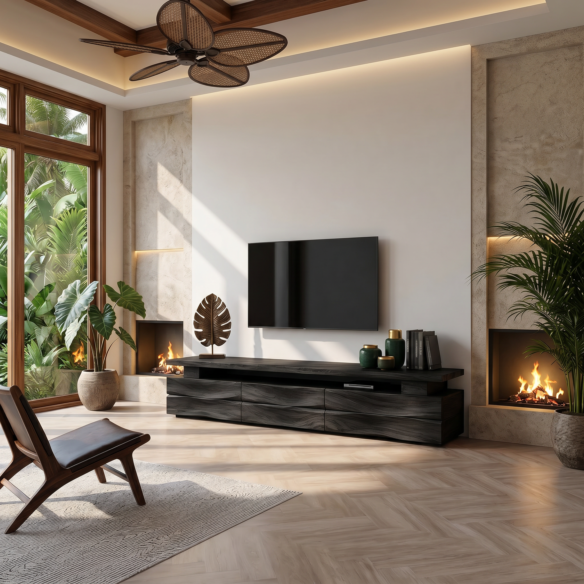 Rustic TV Cabinet With Wave Front Drawers And Open Storage Shelf For Living Room