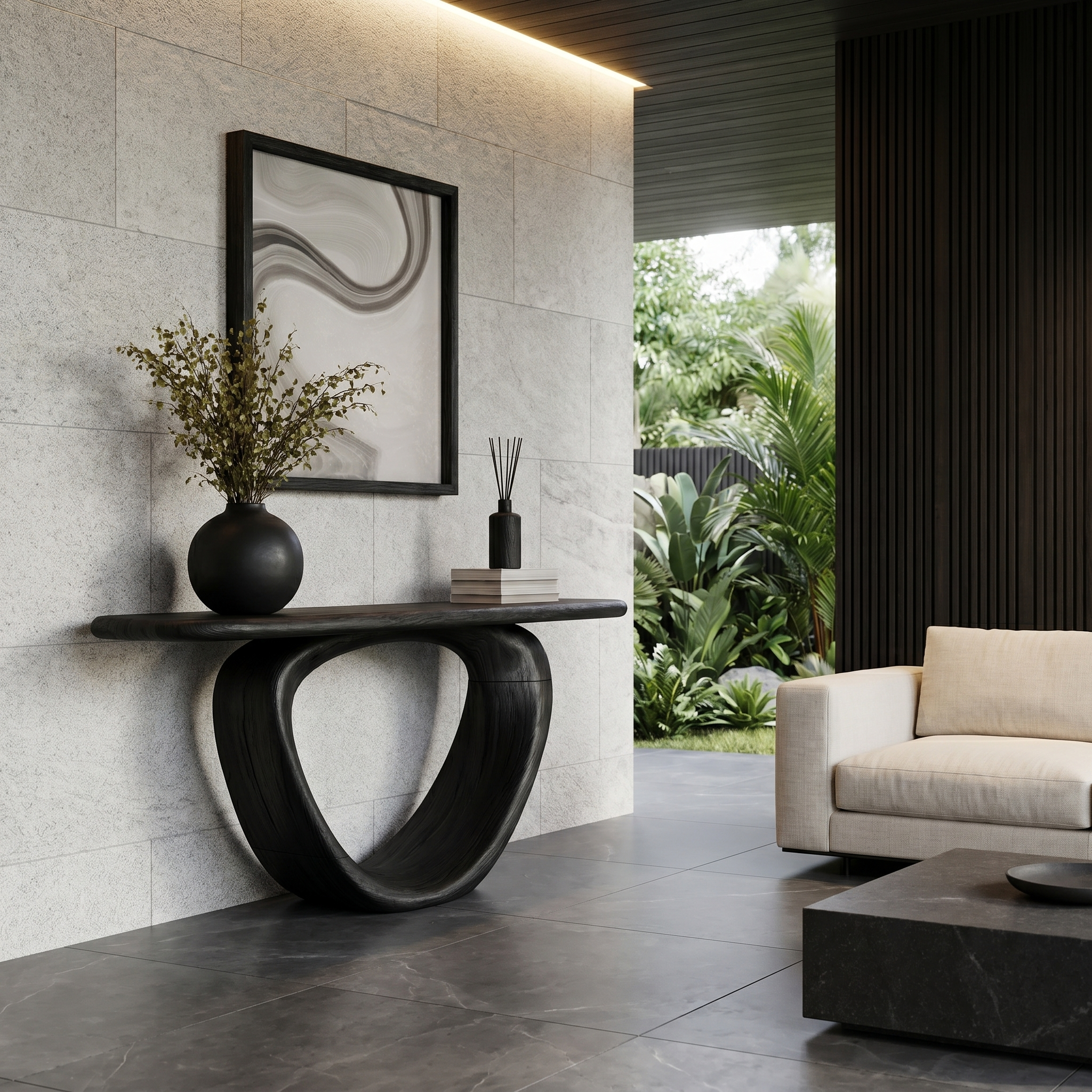 Sculptural Console Table With Loop Shaped Wooden Base Live Edge Console Table With Unique Sculptural Base Design
