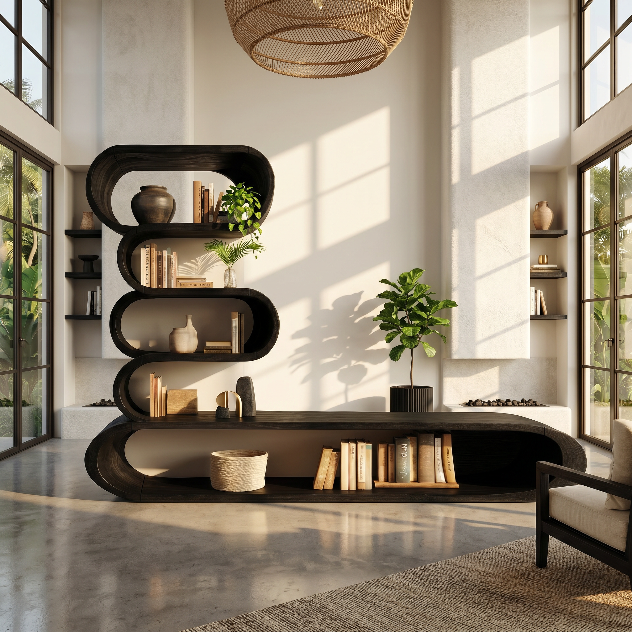 Organic TV Cabinet With Integrated Display Shelves And Rounded Storage Design For Living Room