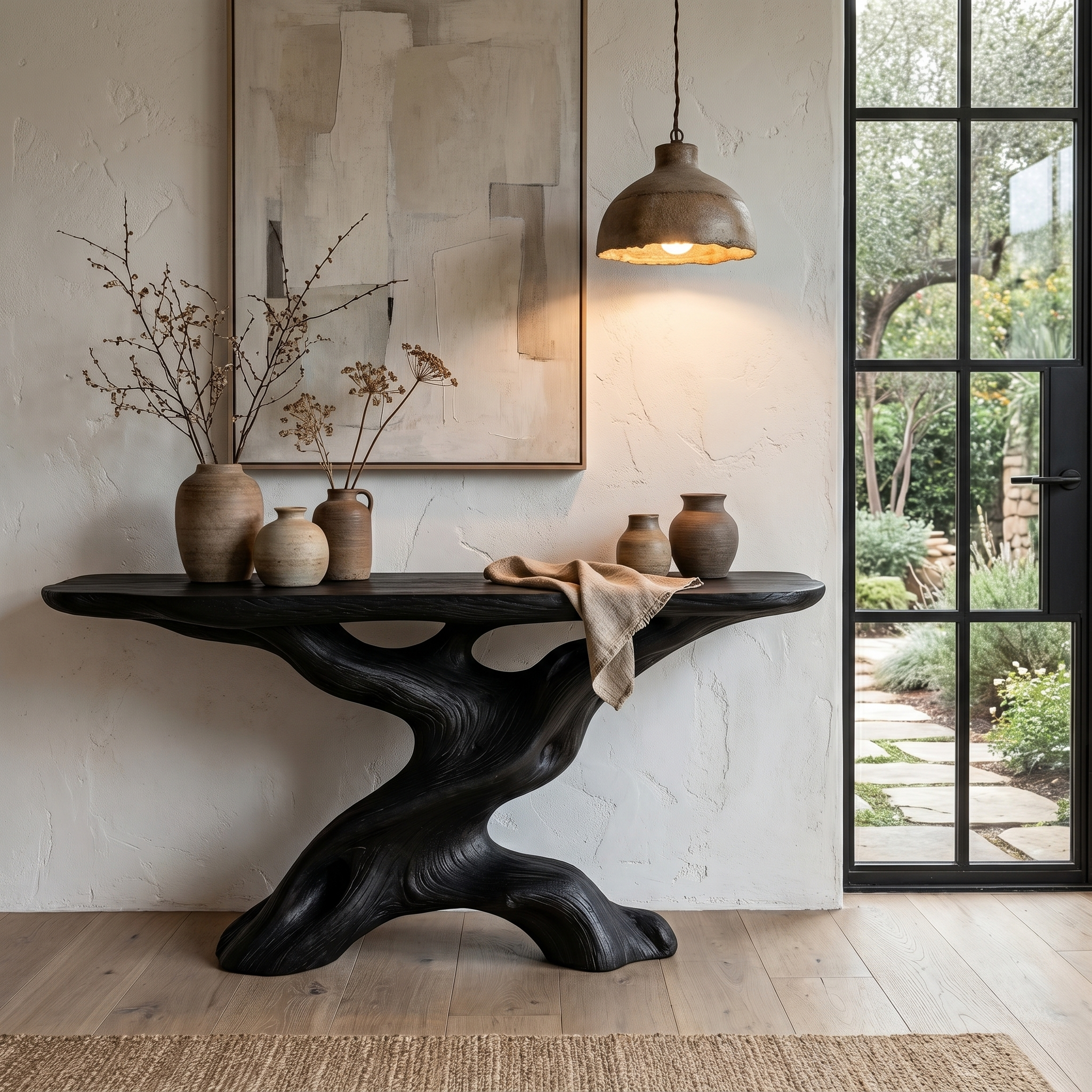 Live Edge Console Table With Unique Sculptural Base Design For Living Room