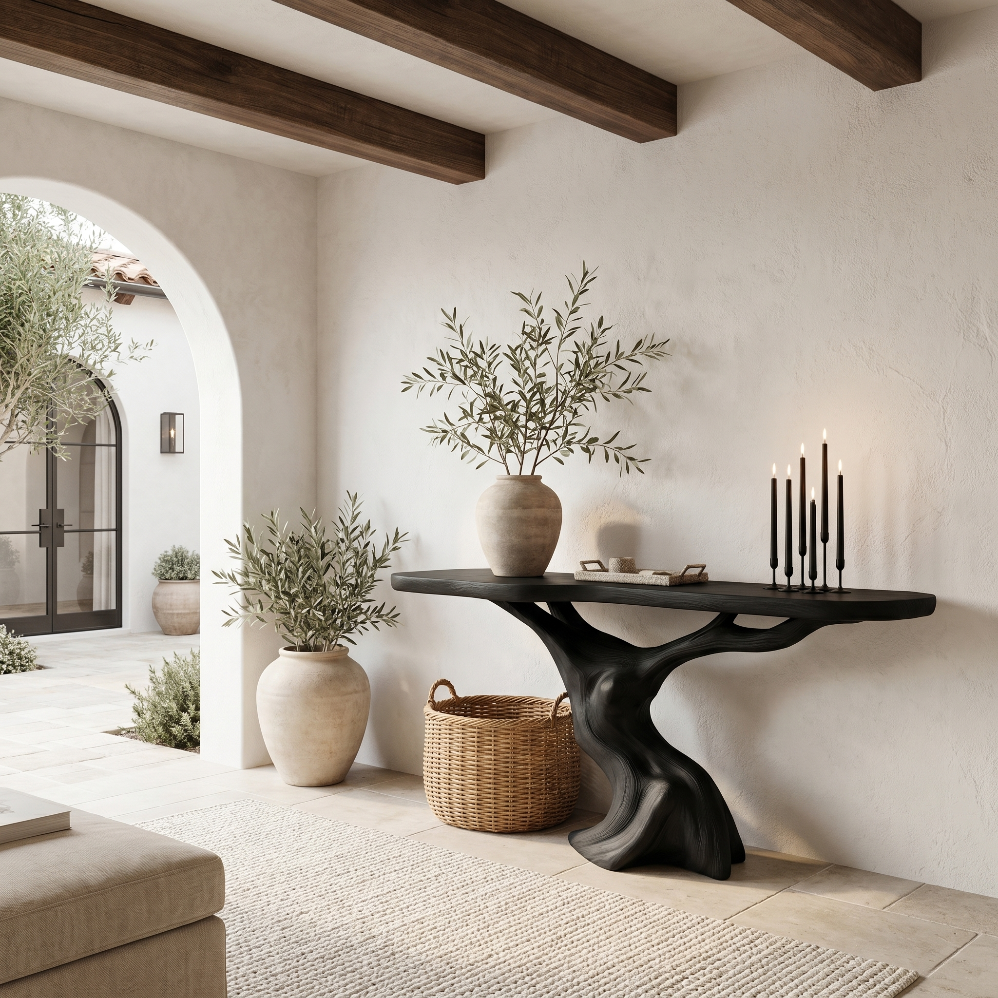 Rustic Organic Console Table With Unique Sculptural Tree Inspired Wood Base For Entryway And Living Room