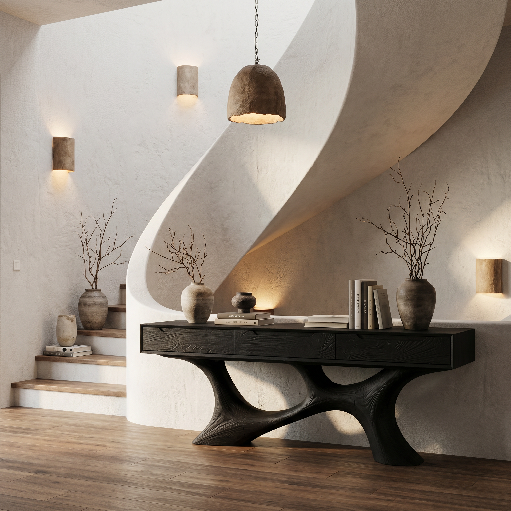 Modern Console Table With Built In Storage Cabinet And Sculptural Curved Wood Base For Entryway And Living Room