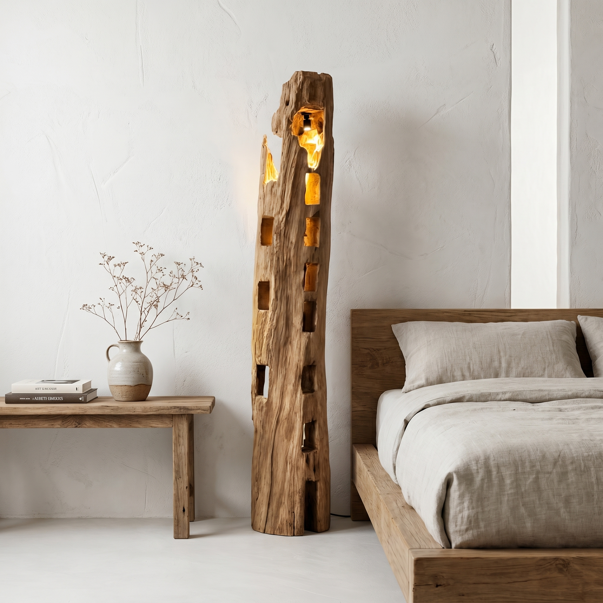 Rustic Wooden Floor Lamp With Natural Hollow Log Design For Living Room And Bedroom