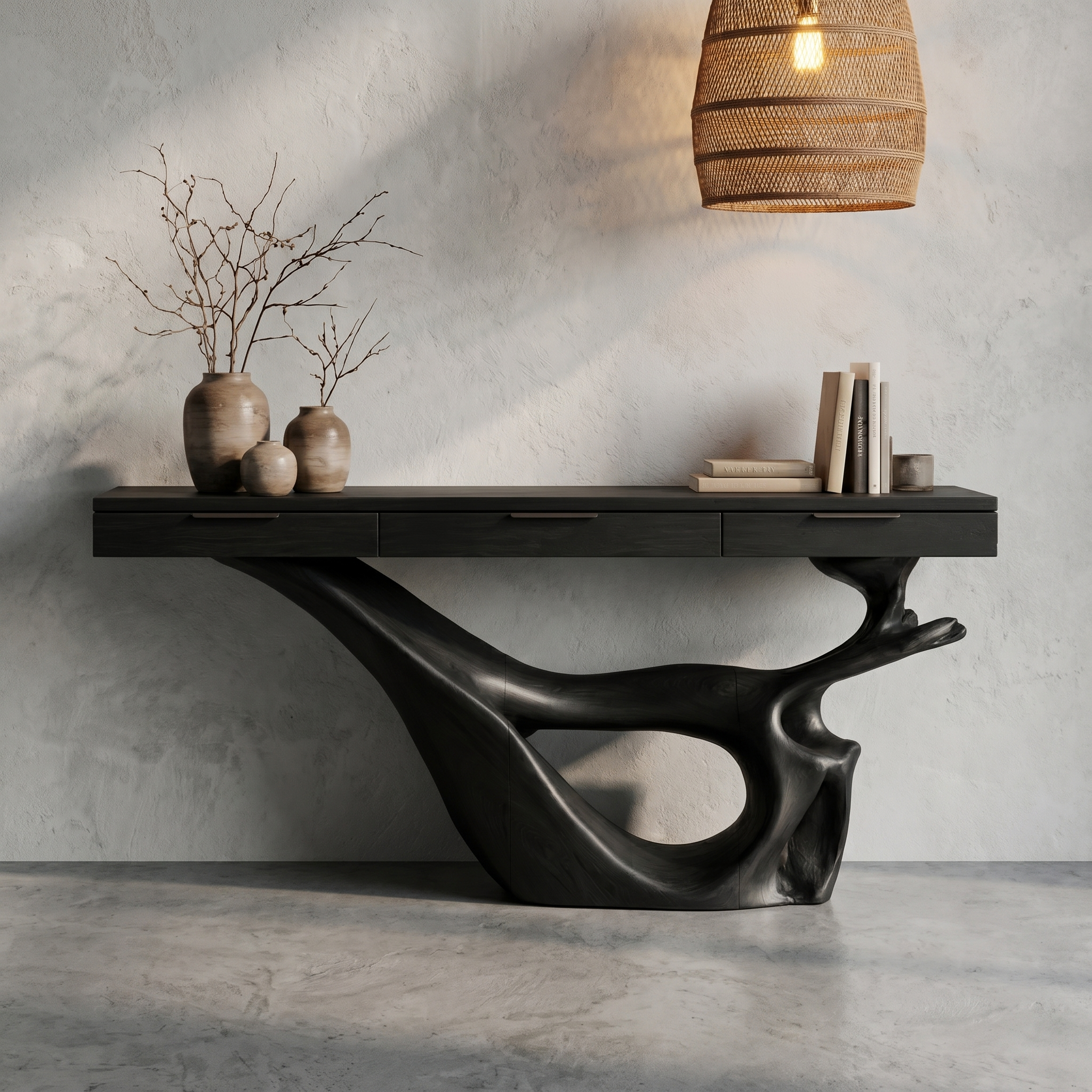 Minimal Console Table With Sculptural Curved Loop Wood Base And Solid Wood Top For Entryway And Living Room