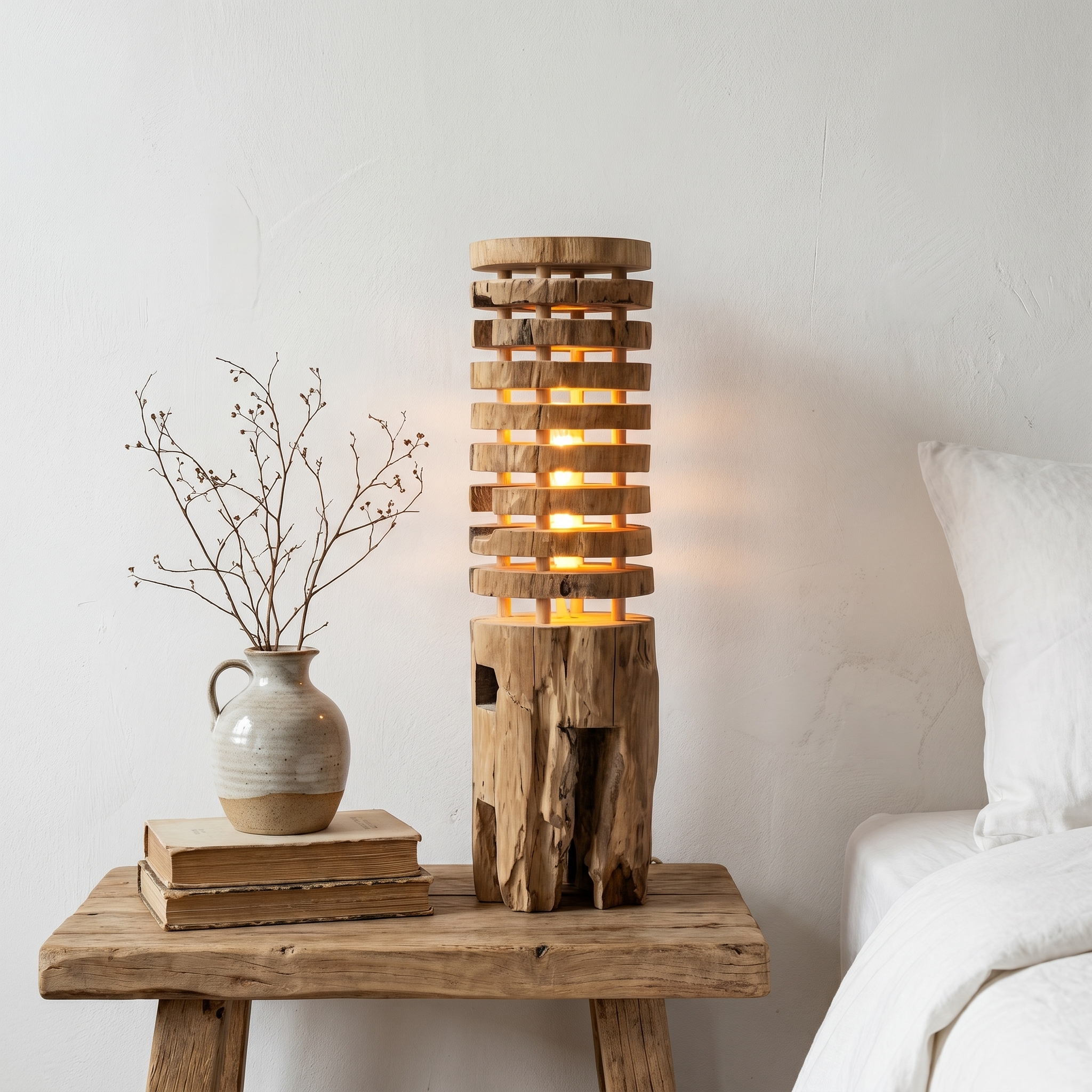 Rustic Log Floor Lamp With Sculptural Wooden Base For Living Room And Bedroom