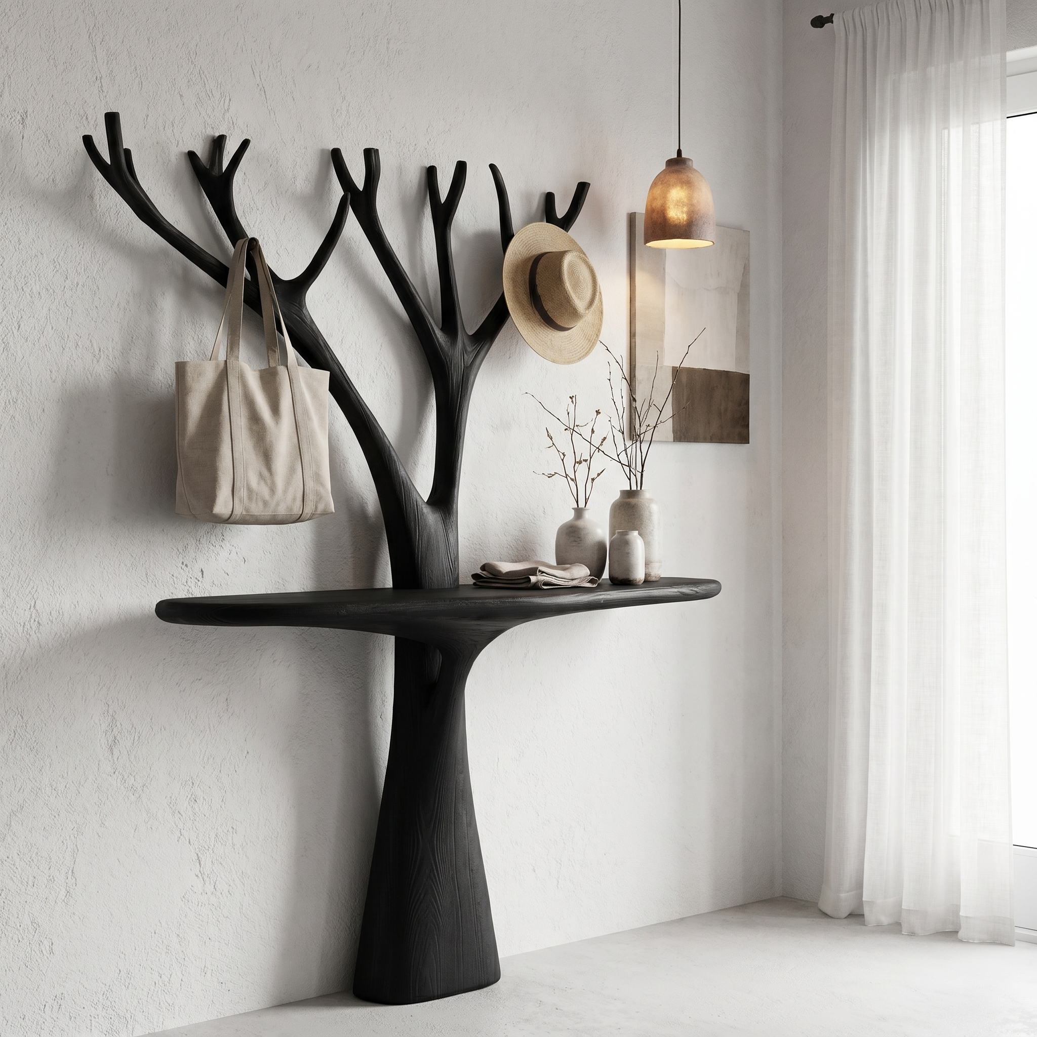 Rustic Organic Console Table With Tree Branch Wood Base For Living Room