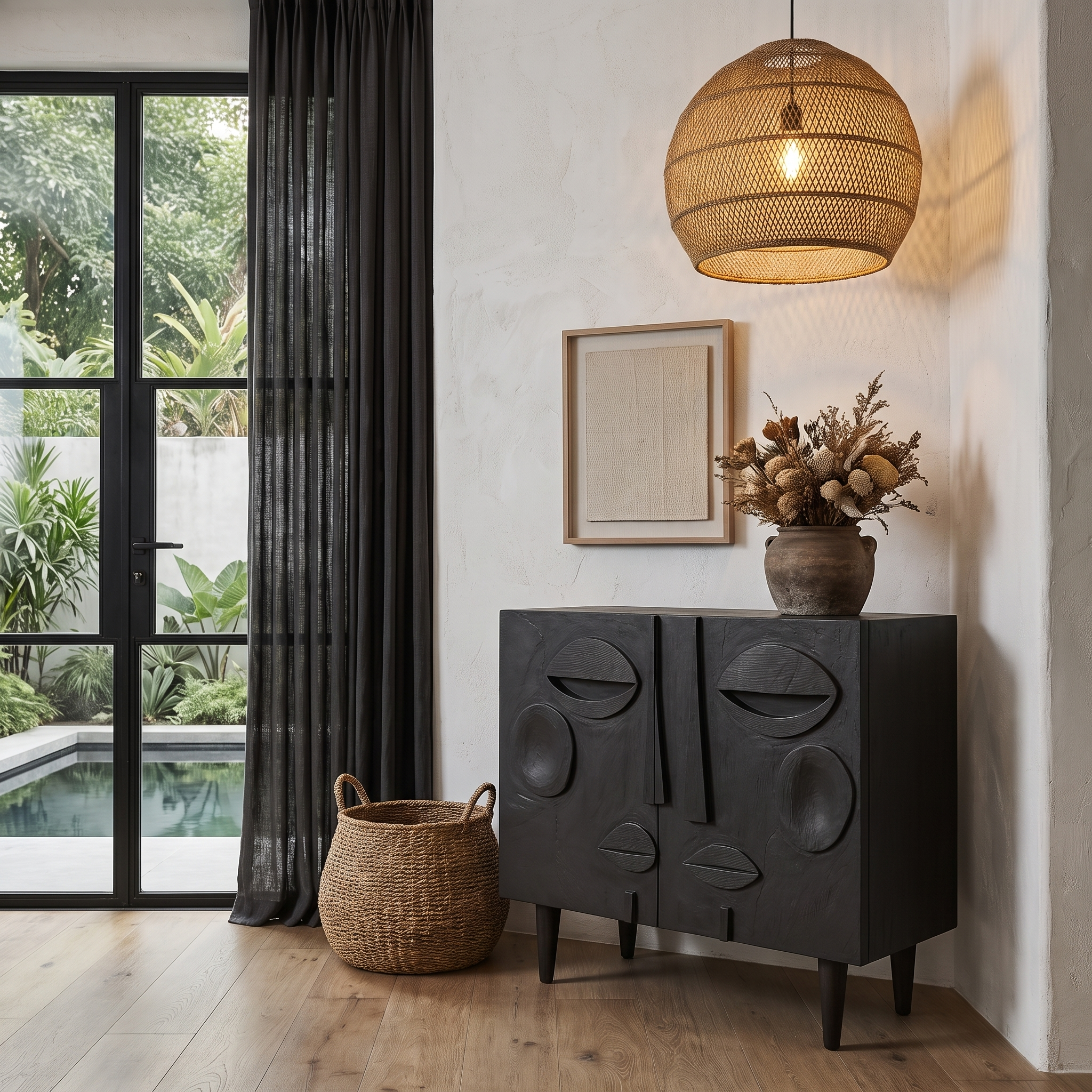Modern Accent Cabinet With Abstract Face Design For Living Room And Entryway