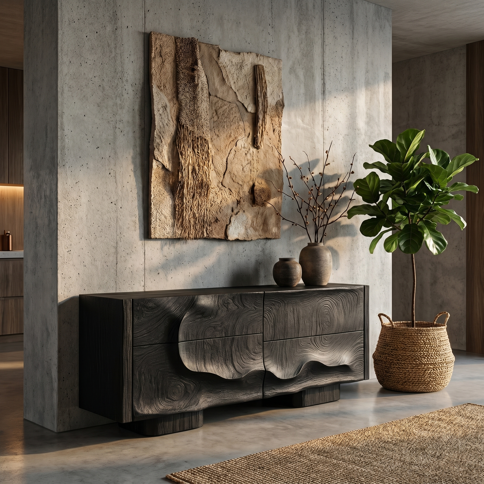 Rustic Organic Storage Cabinet With Carved Wood Doors For Living Room And Entryway