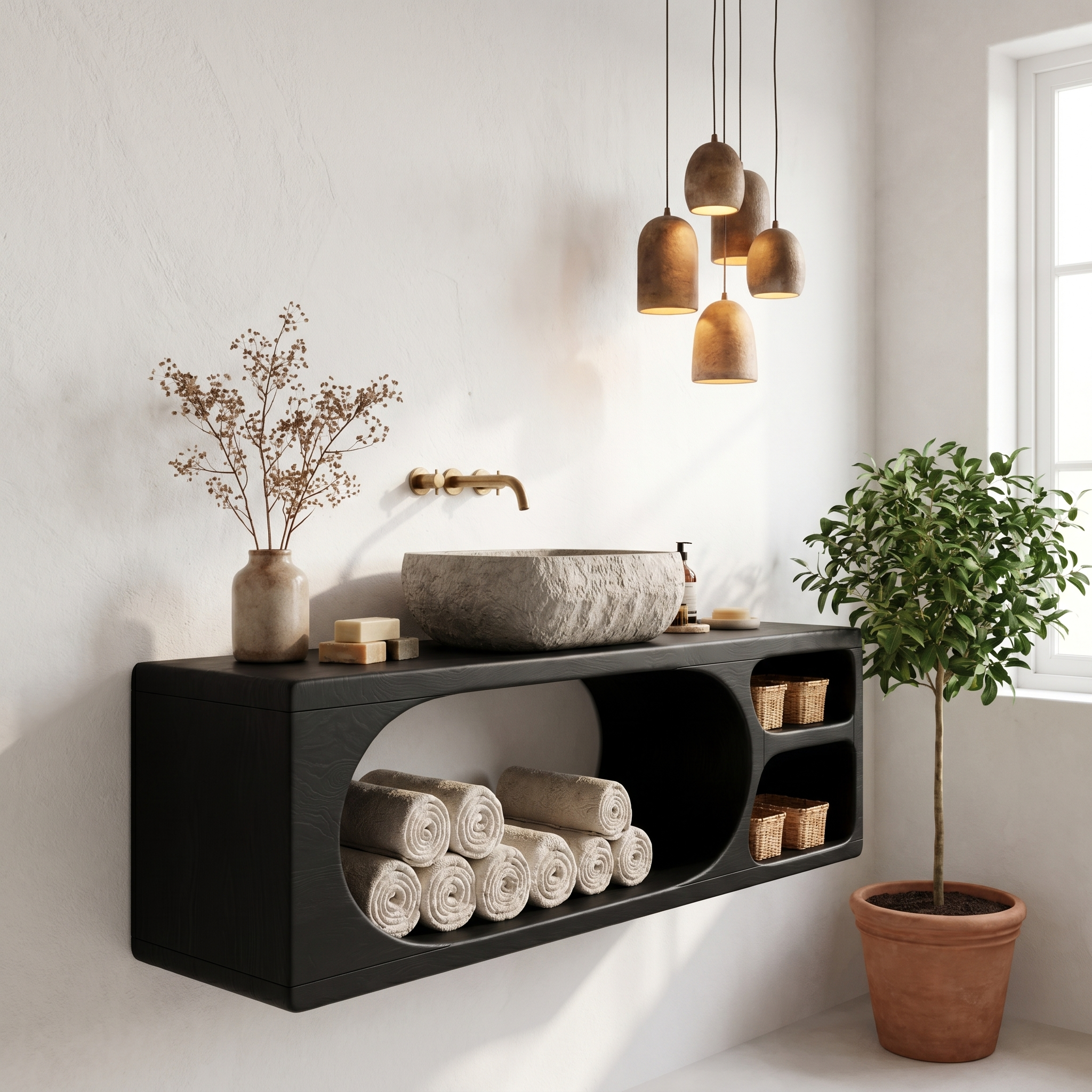 Organic Bathroom Vanity With Built In Storage Shelves For Bathroom