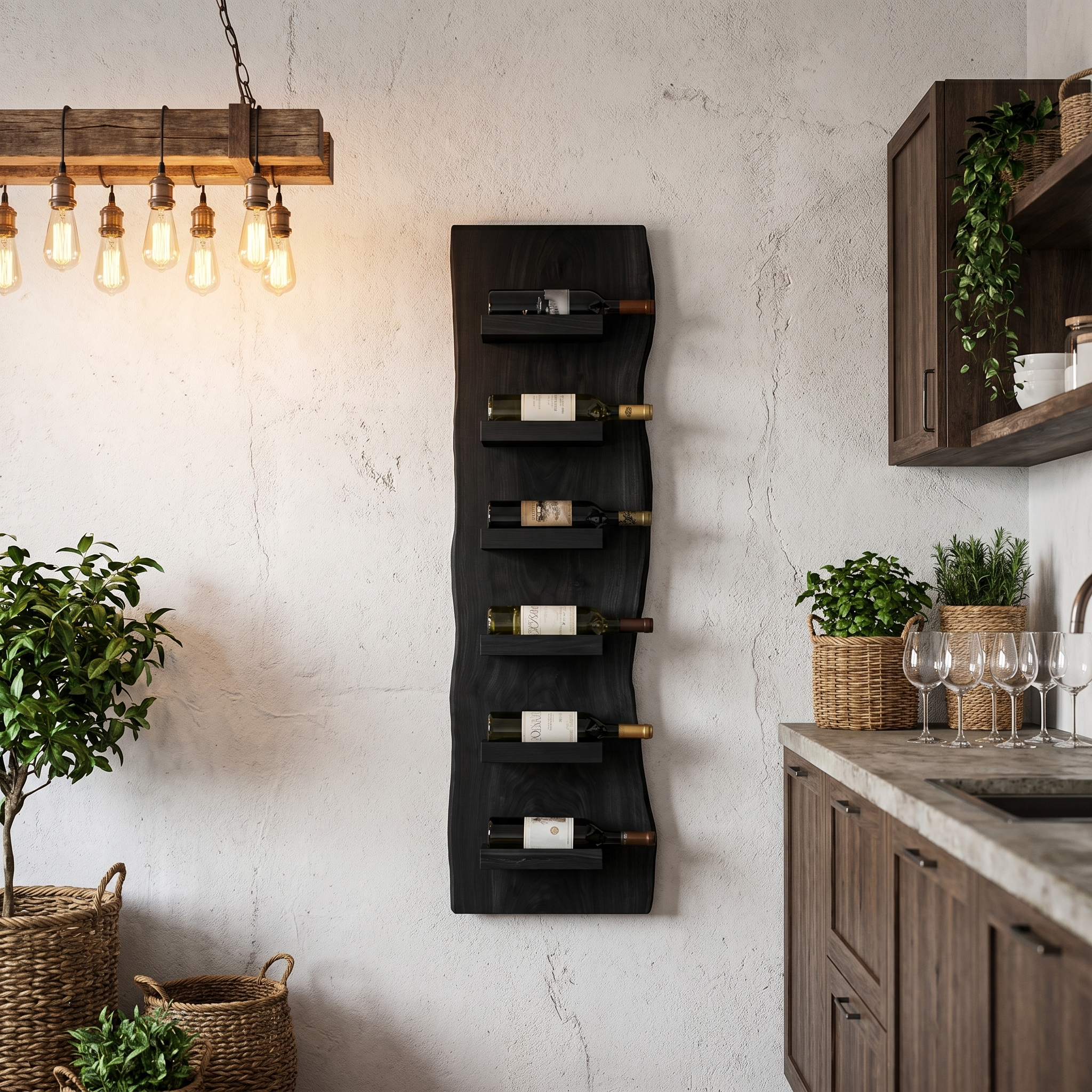 Rustic Wall Mounted Wine Rack With Vertical Wooden Storage Shelves For Kitchen And Dining Room