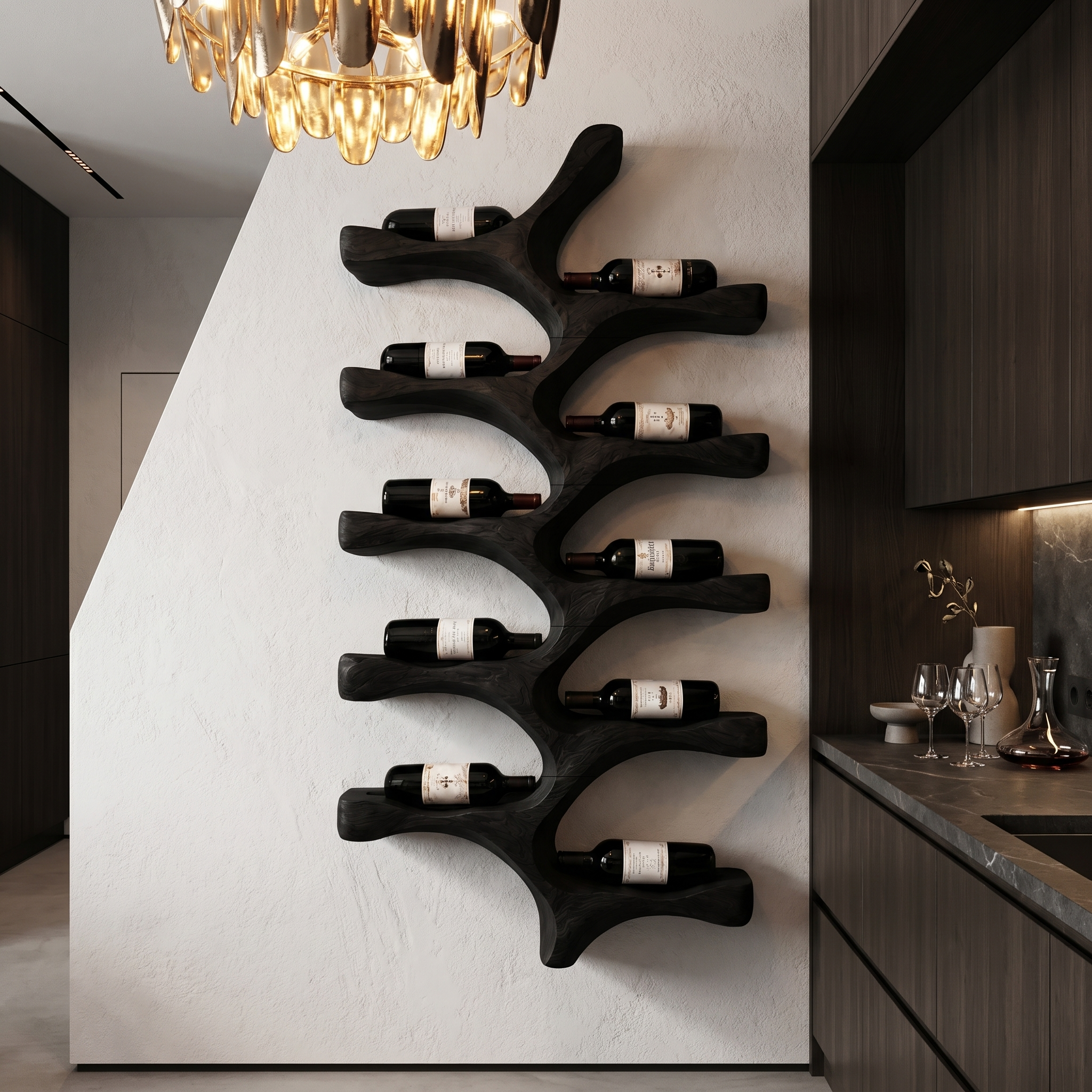 Organic Wall Mounted Wine Rack With Tree Branch Bottle Holders For Kitchen