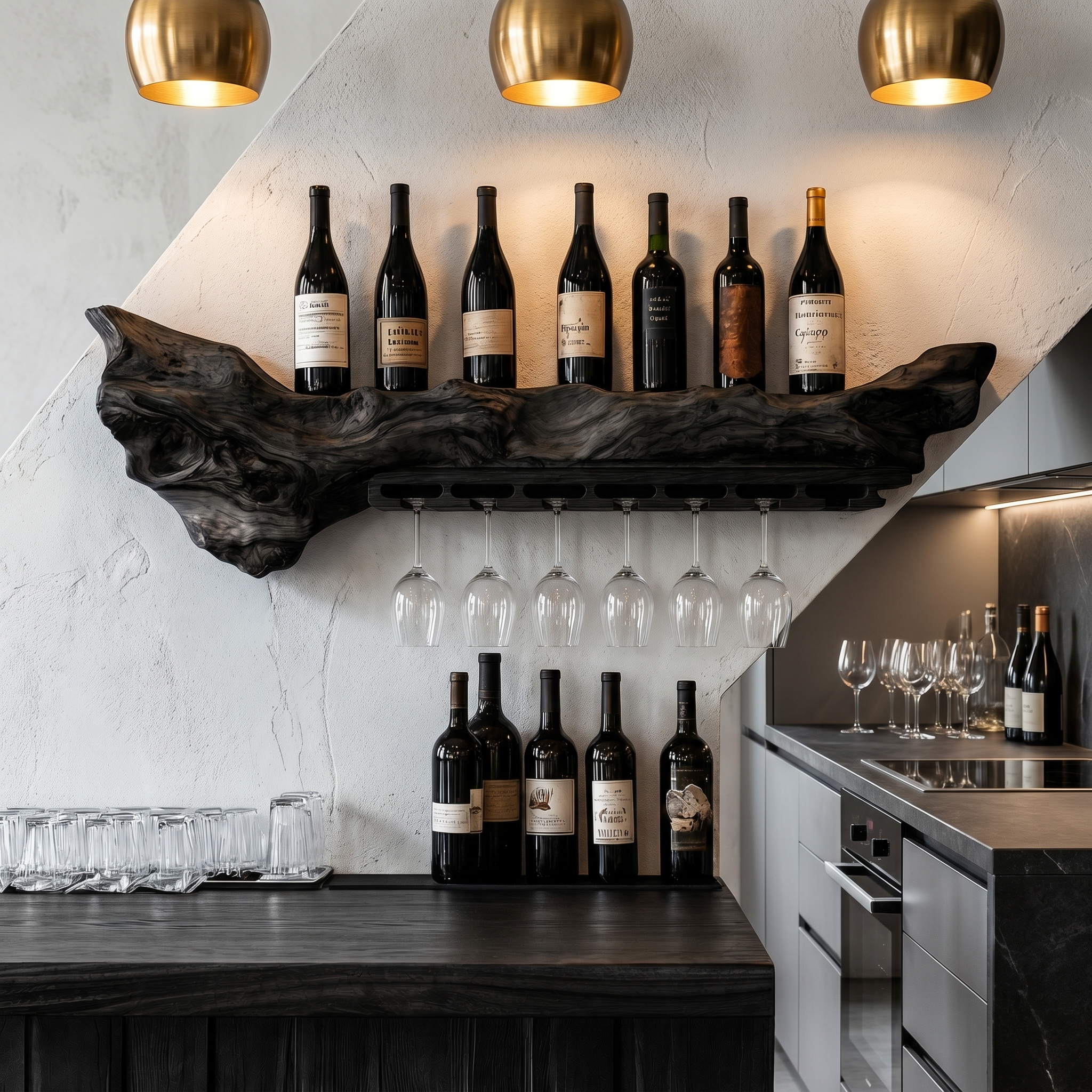 Rustic Live Edge Wall Mounted Wine Rack With Glass Holder And Bottle Storage For Kitchen And Dining Room