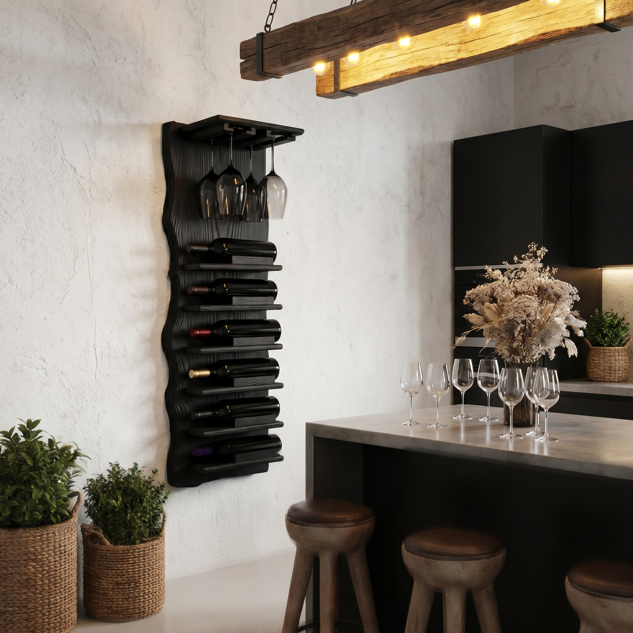 Live Edge Wall Mounted Wine Rack With Glass Holder And Vertical Bottle Storage For Kitchen And Dining Room