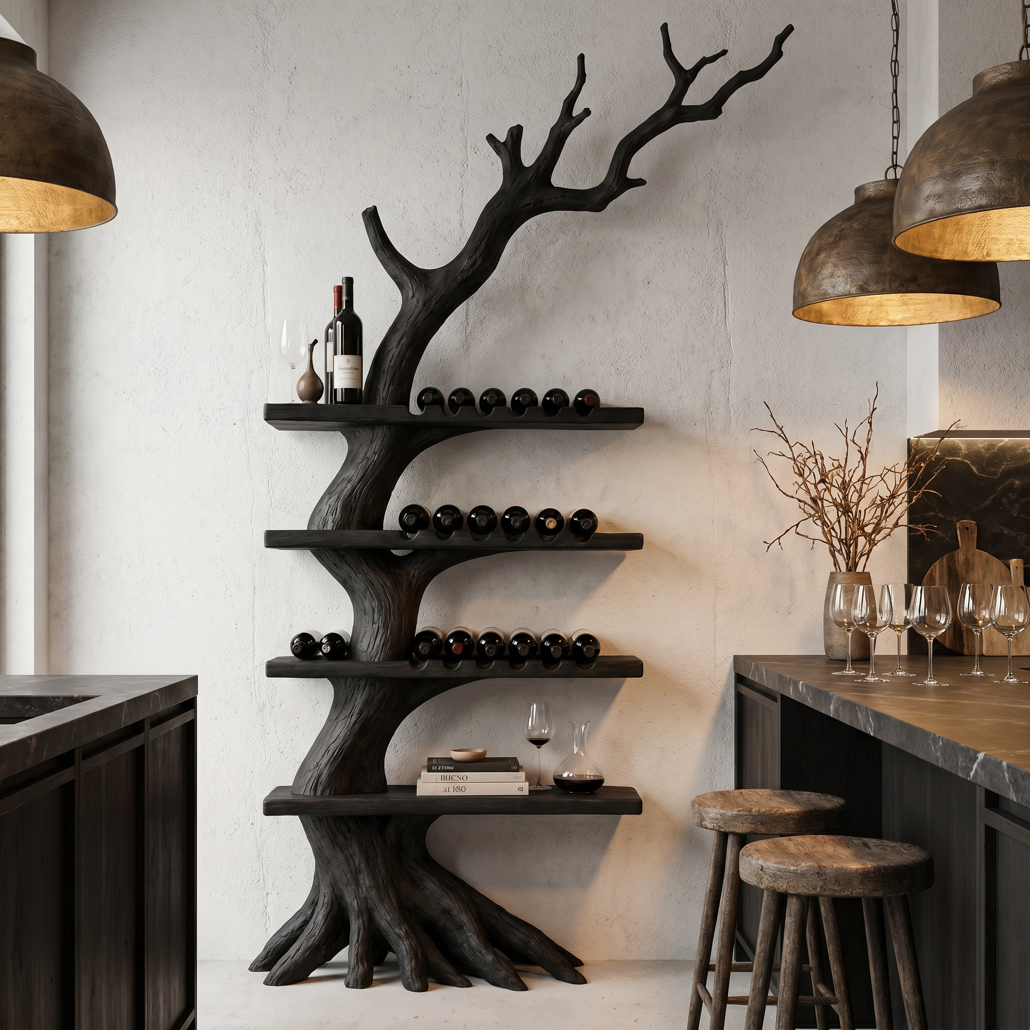 Rustic Tree Wine Rack With Solid Wood Shelves And Branch Inspired Wall Mounted Design For Dining Room