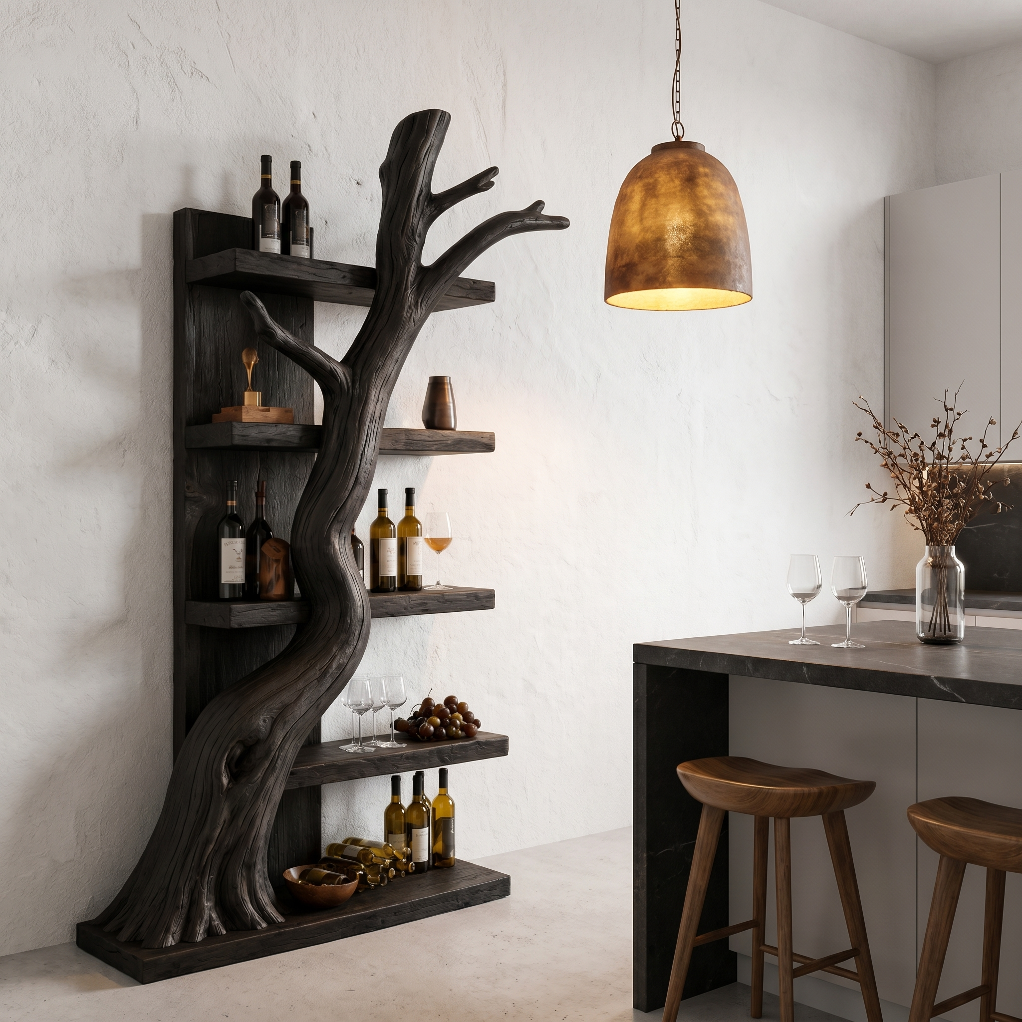 Rustic Tree Wine Rack With Solid Wood Shelves And Sculptural Root Base For Home Bar