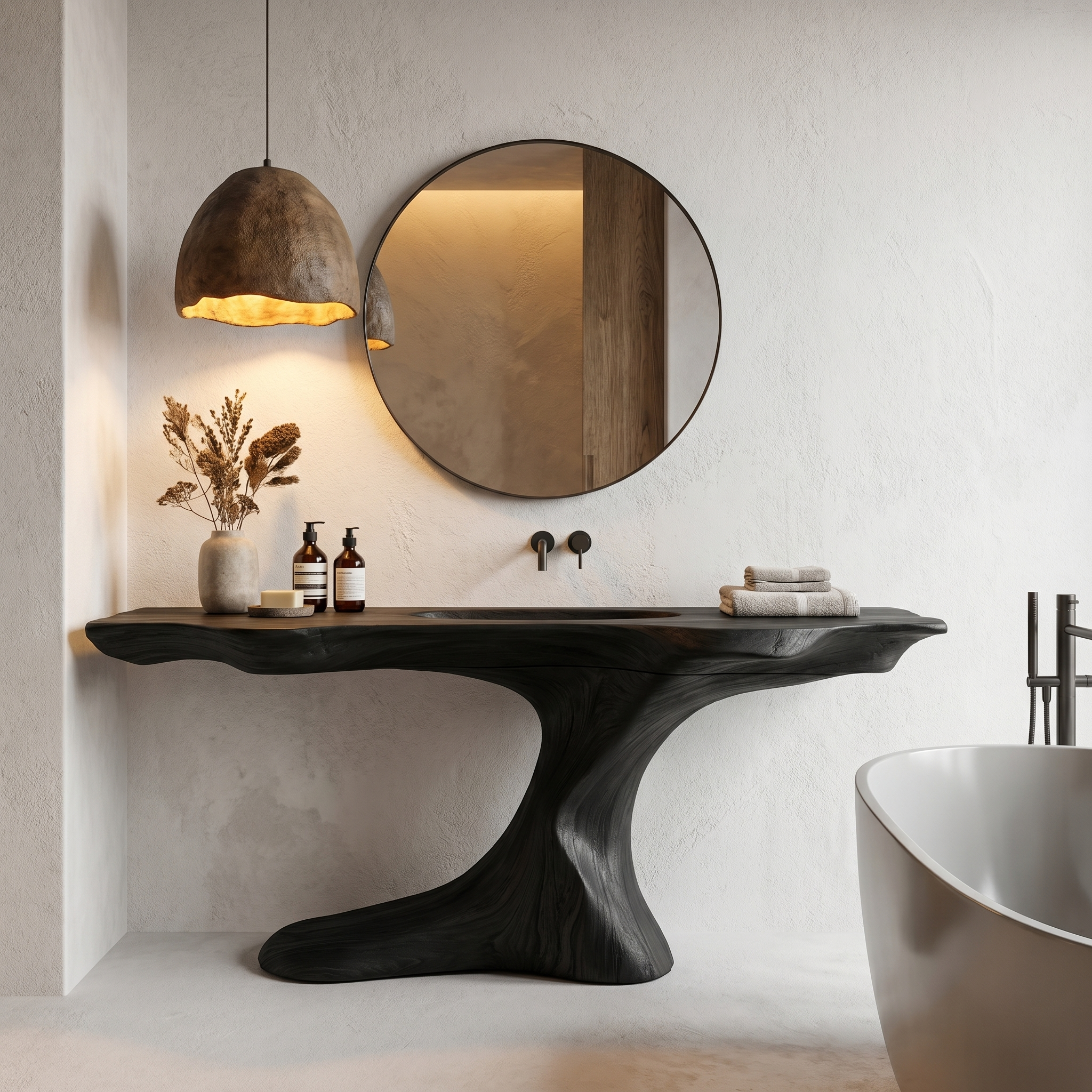 Rustic Organic Bathroom Vanity With Live Edge Countertop And Sculptural Tree Root Base