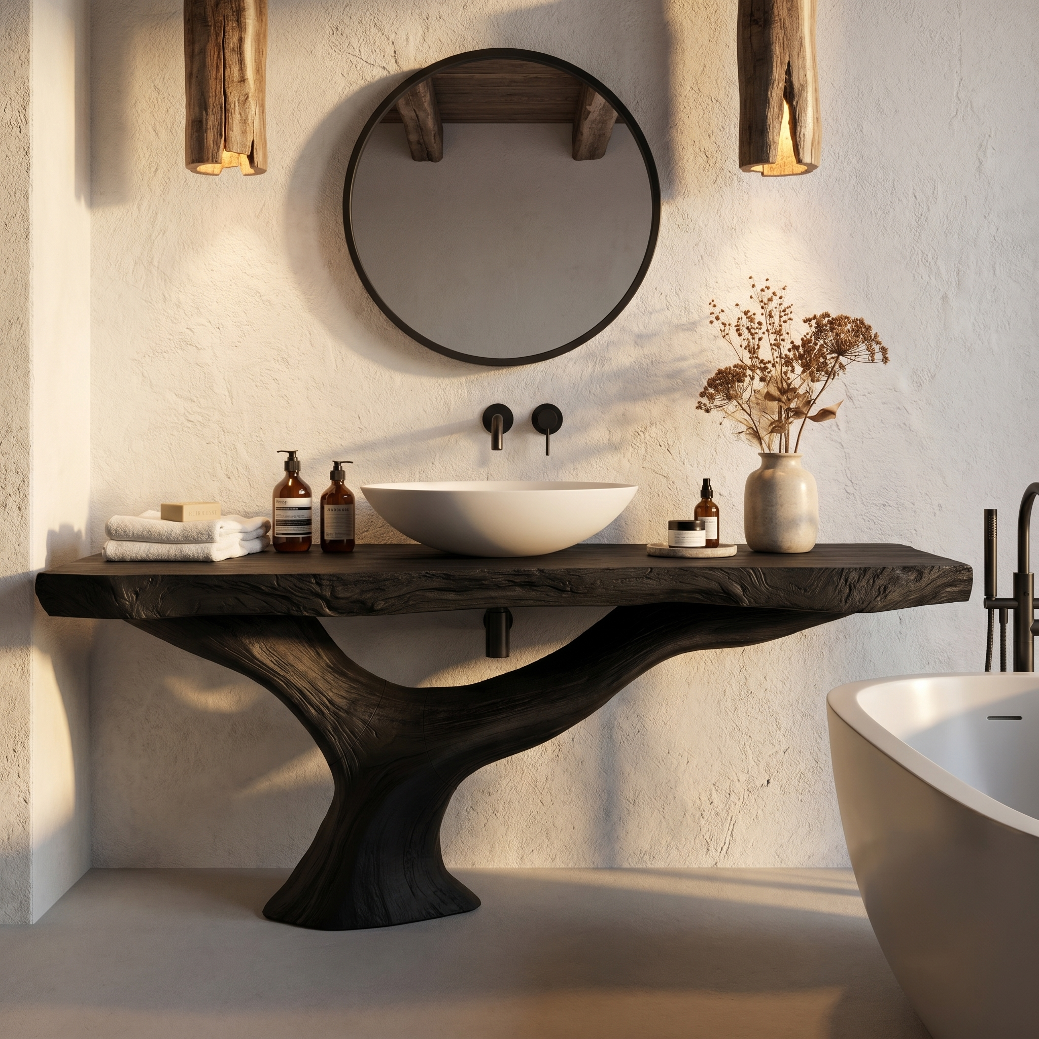 Contemporary Bathroom Vanity With Organic Wood Countertop And Artistic Base For Bathroom