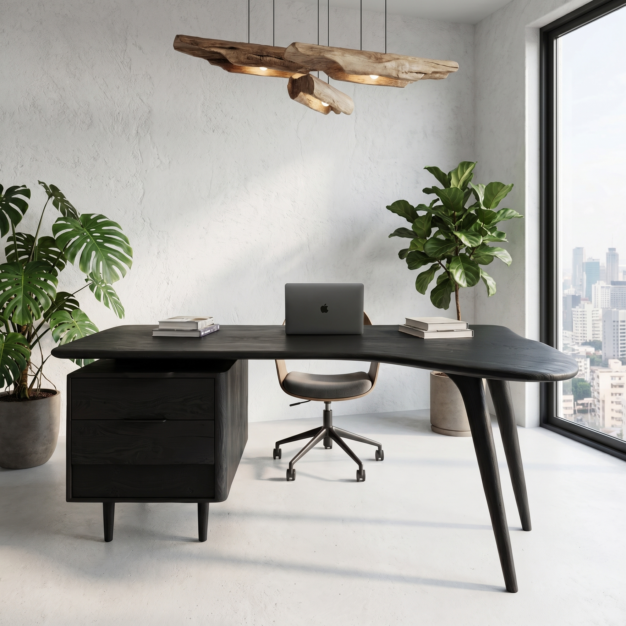 Organic Wooden Desk With Integrated Side Shelves And Built In Drawer Storage For Home Office And Workspace