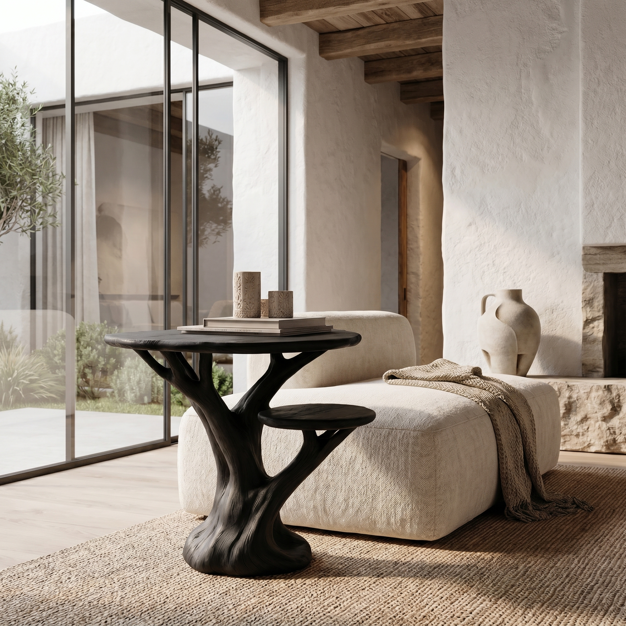 Organic Sculptural Side Table With Tree Inspired Solid Wood Base For Living Room And Bedroom