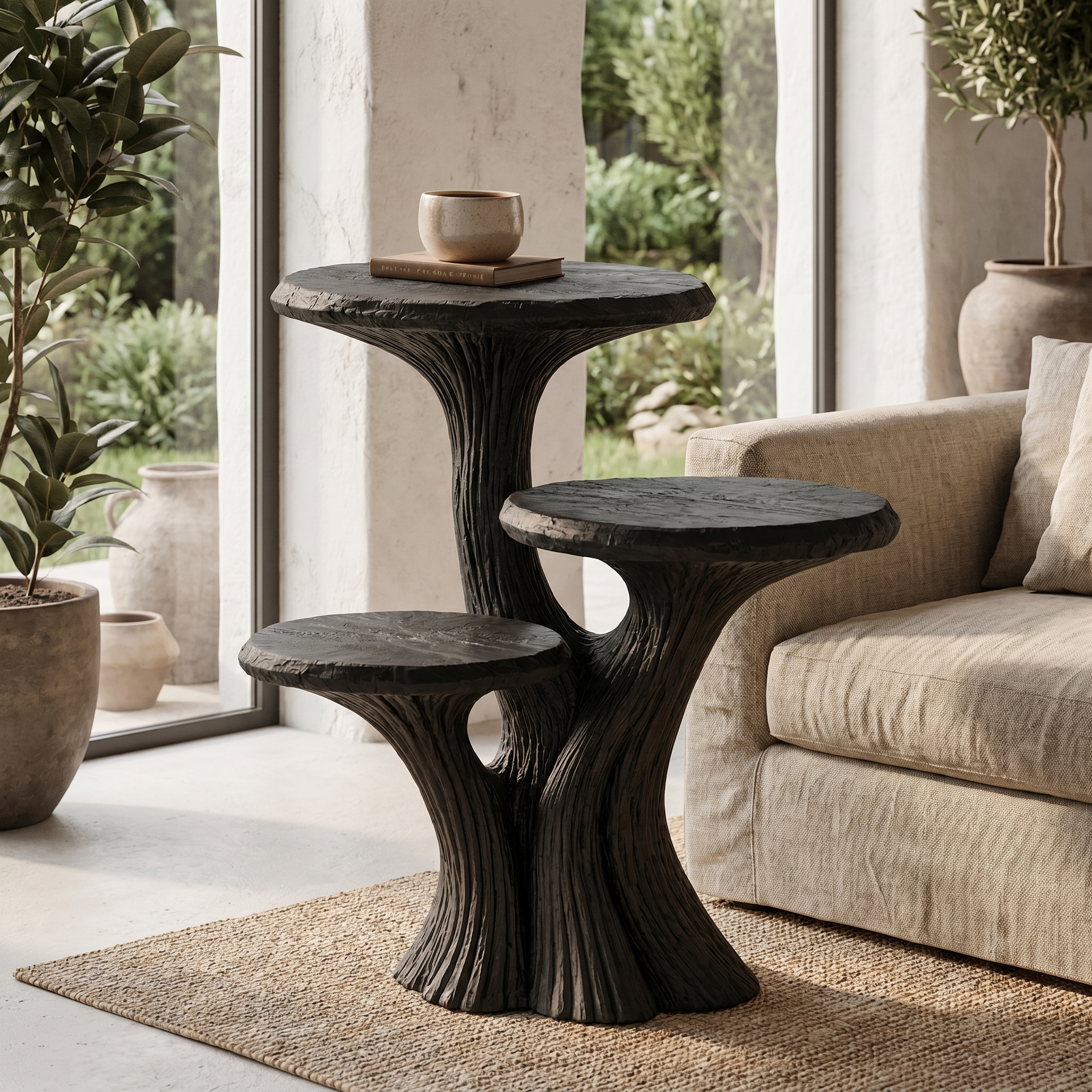 Contemporary Tiered Side Table With Sculptural Solid Wood Design For Living Room And Bedroom