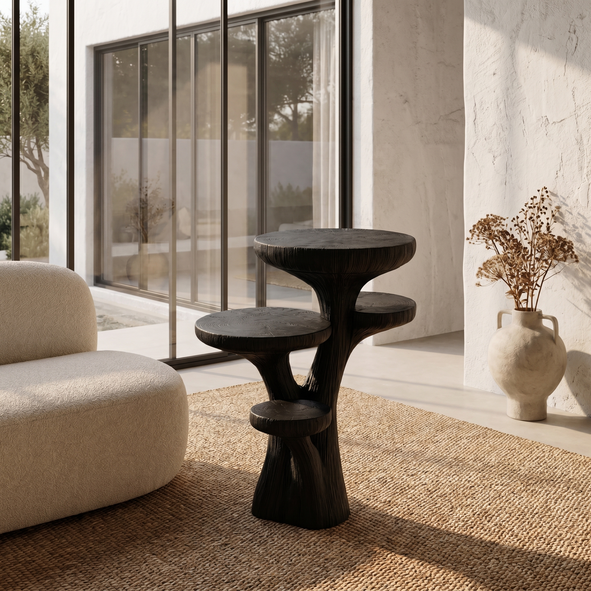 Rustic Sculptural Side Table With Handcrafted Solid Wood Pedestal Base For Living Room And Bedroom