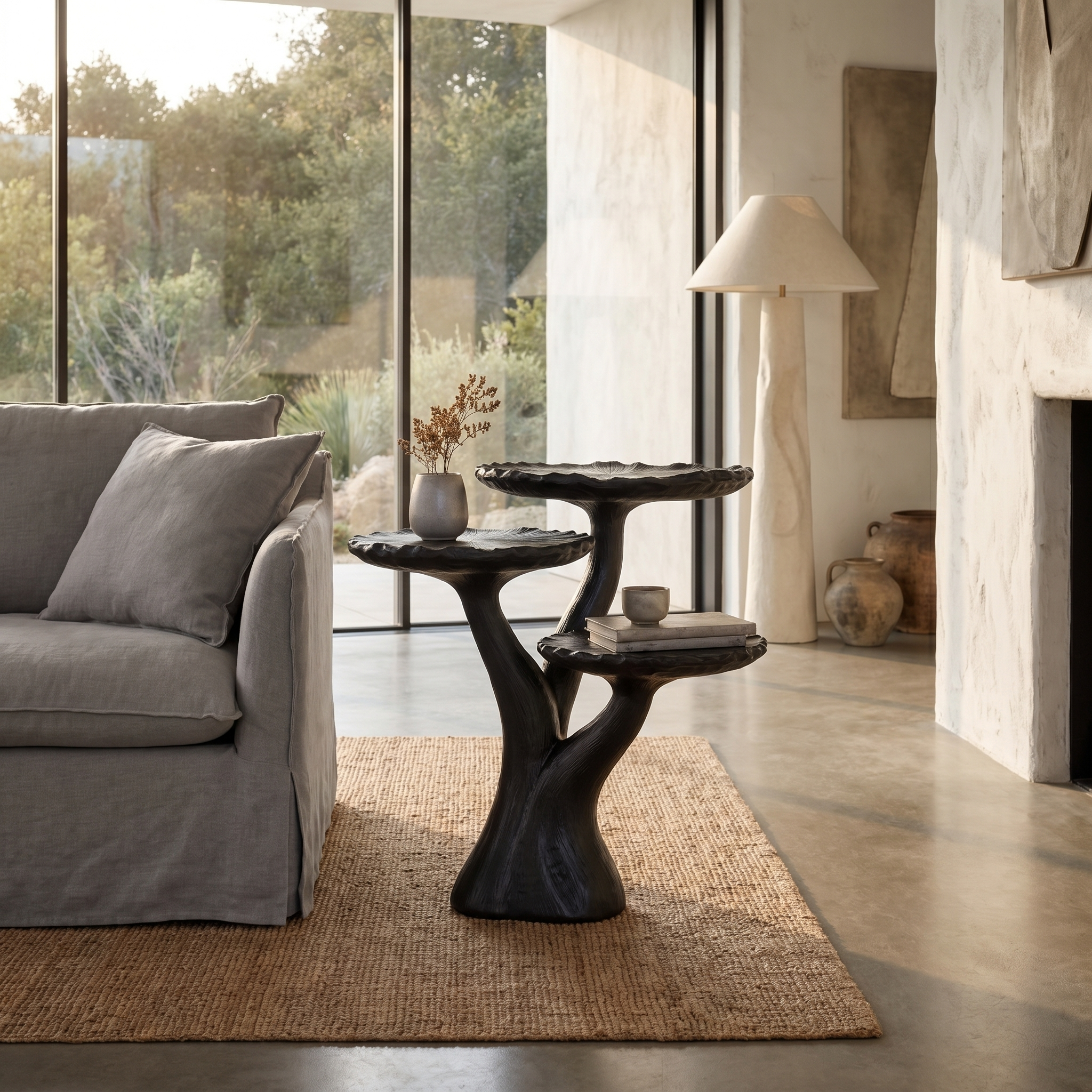 Organic Sculptural Side Table With Multi Tier Solid Wood Shelves For Living Room And Bedroom