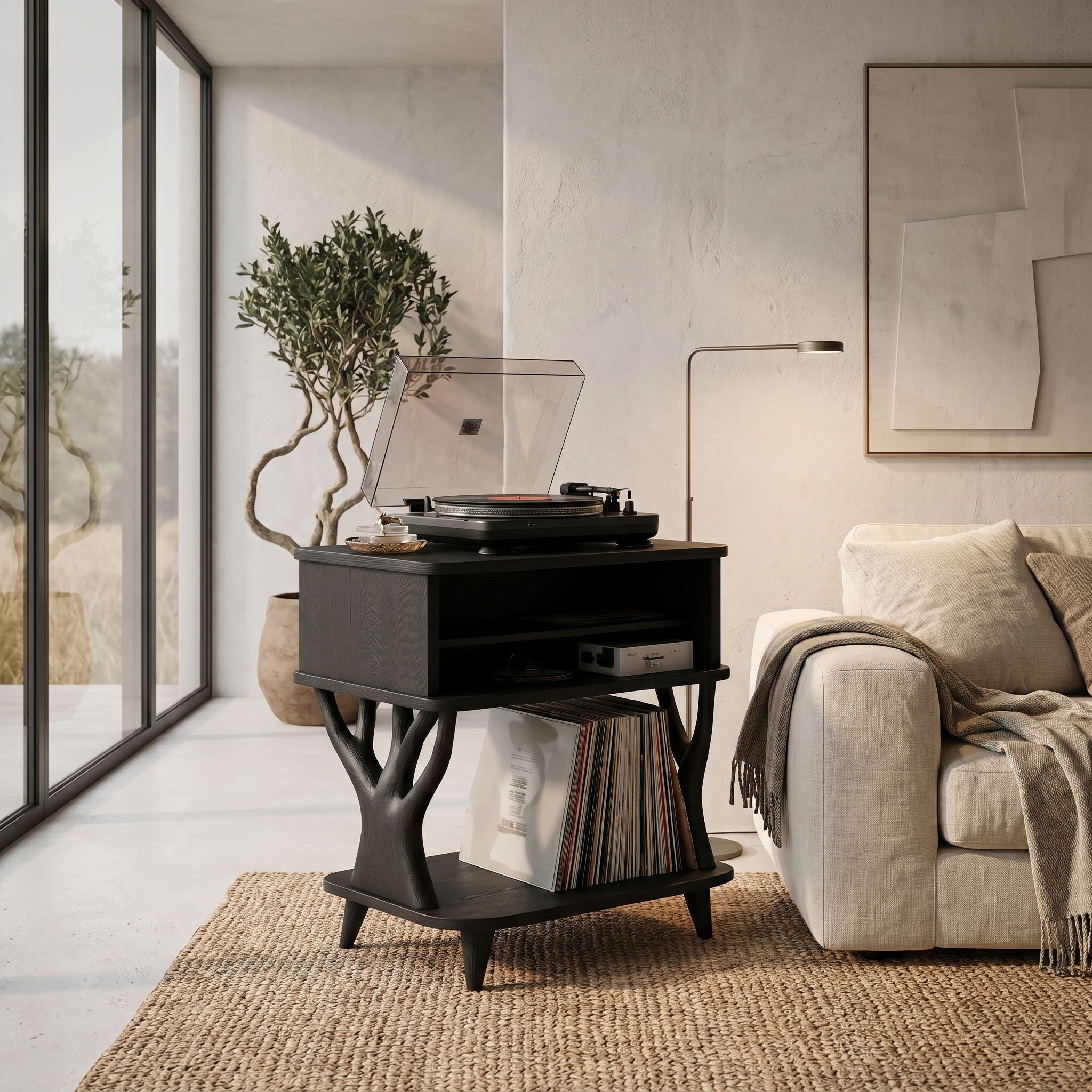 Organic Record Player Stand With Built In Drawer Storage And Vinyl Shelf For Living Room