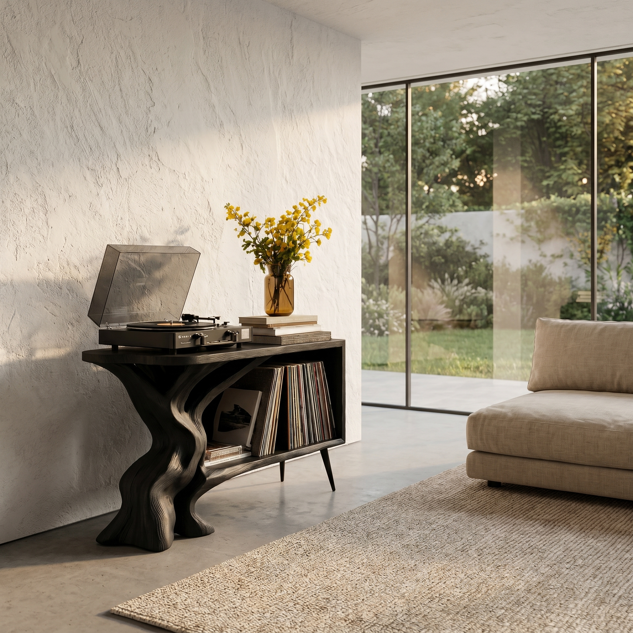 Organic Record Player Stand With Sculptural Tree Root Base And Vinyl Storage For Living Room