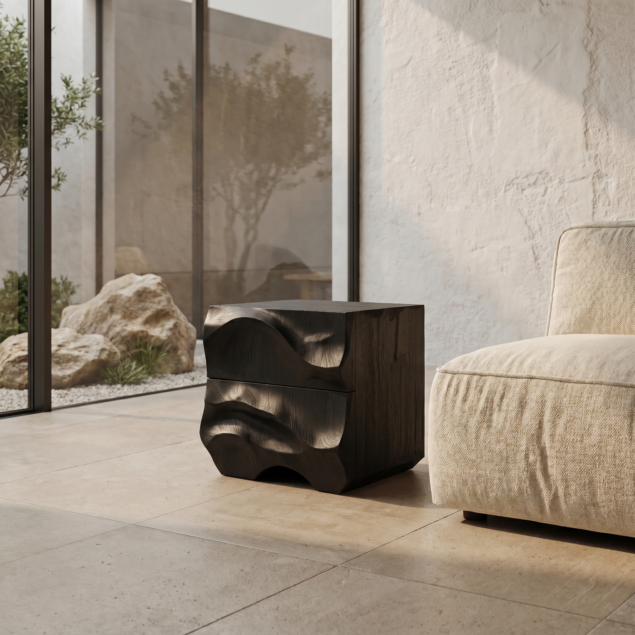 Rustic Sculptural Side Table With Hand Carved Solid Wood Base For Living Room And Bedroom