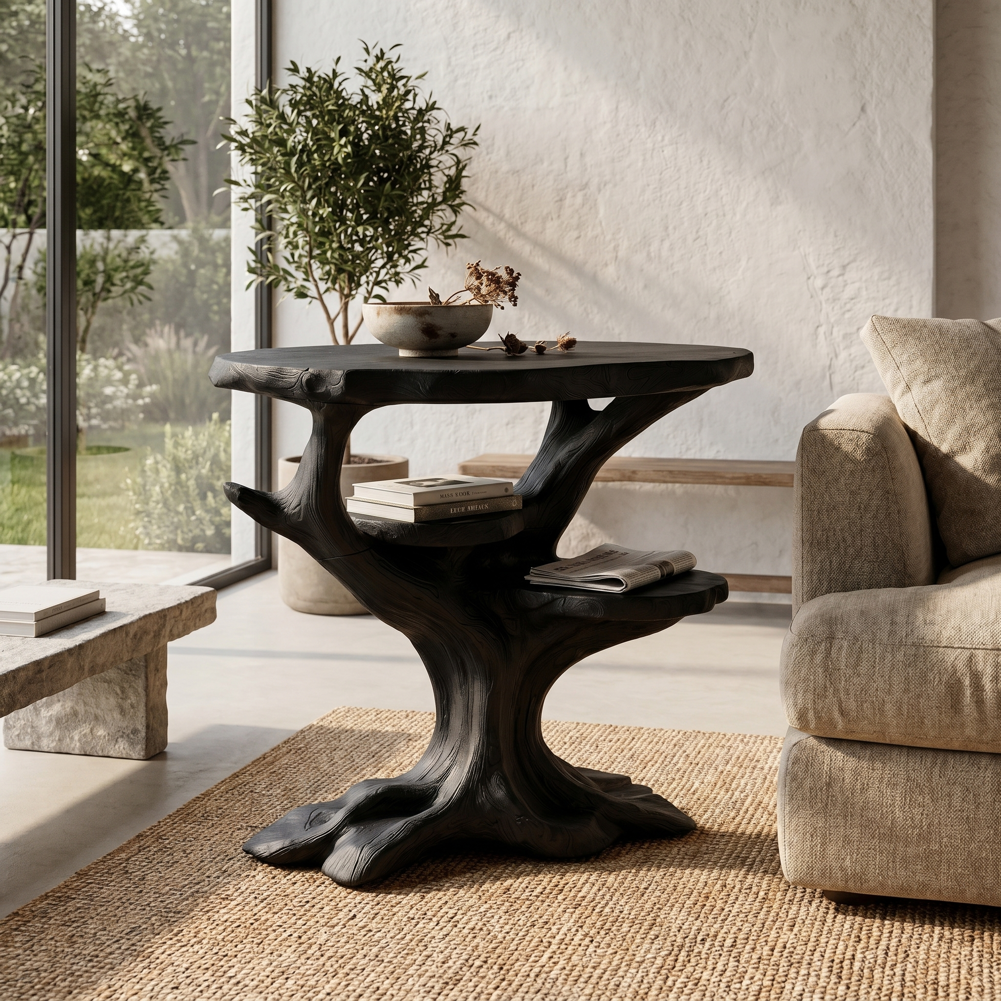 Organic Sculptural Side Table With Solid Wood Display Shelves For Living Room And Bedroom