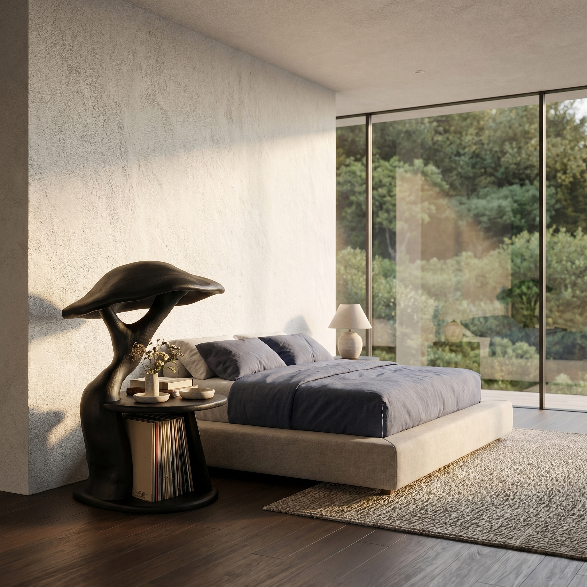Organic Mushroom Nightstand With Sculptural Solid Wood Design And Vinyl Storage For Bedroom