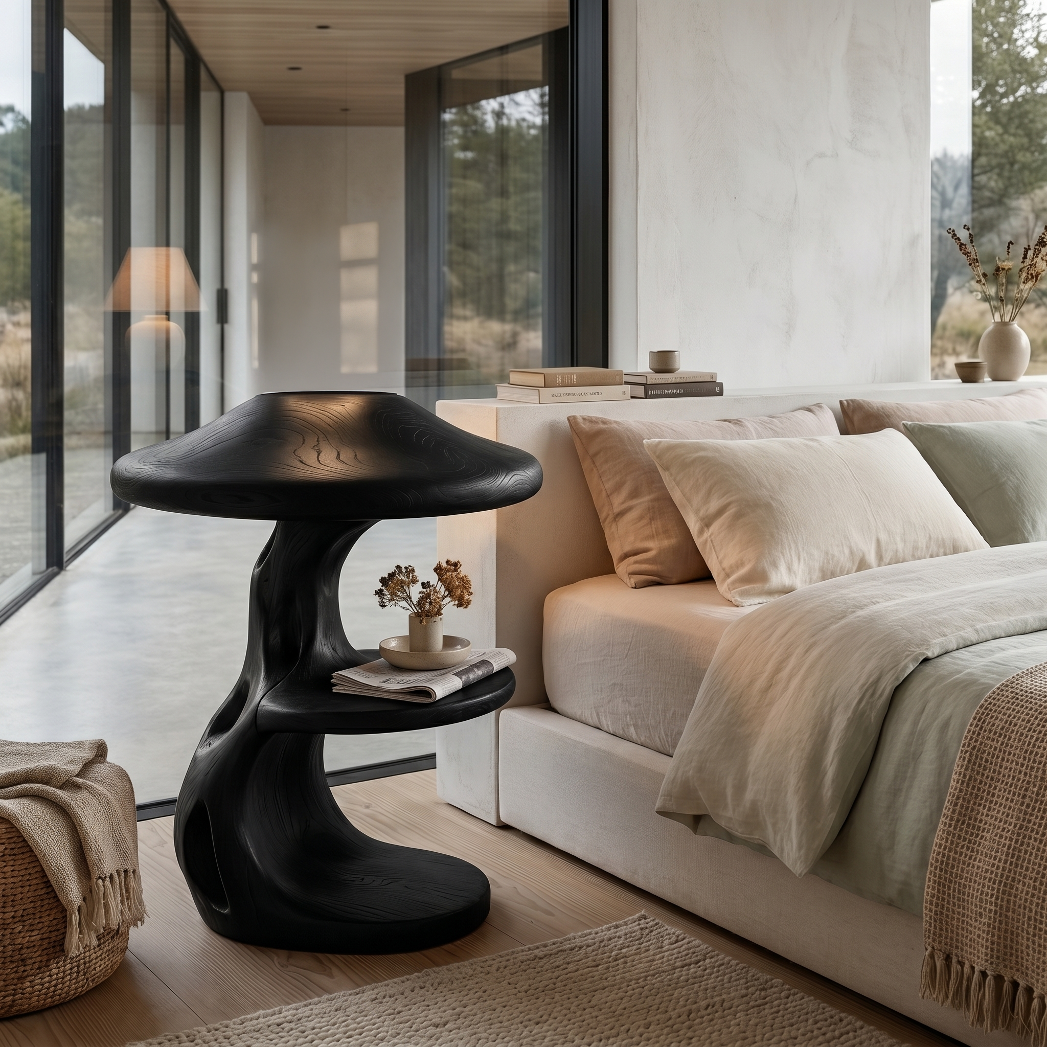 Rustic Mushroom Nightstand With Sculptural Tree Root Base And Built In Drawer For Bedroom