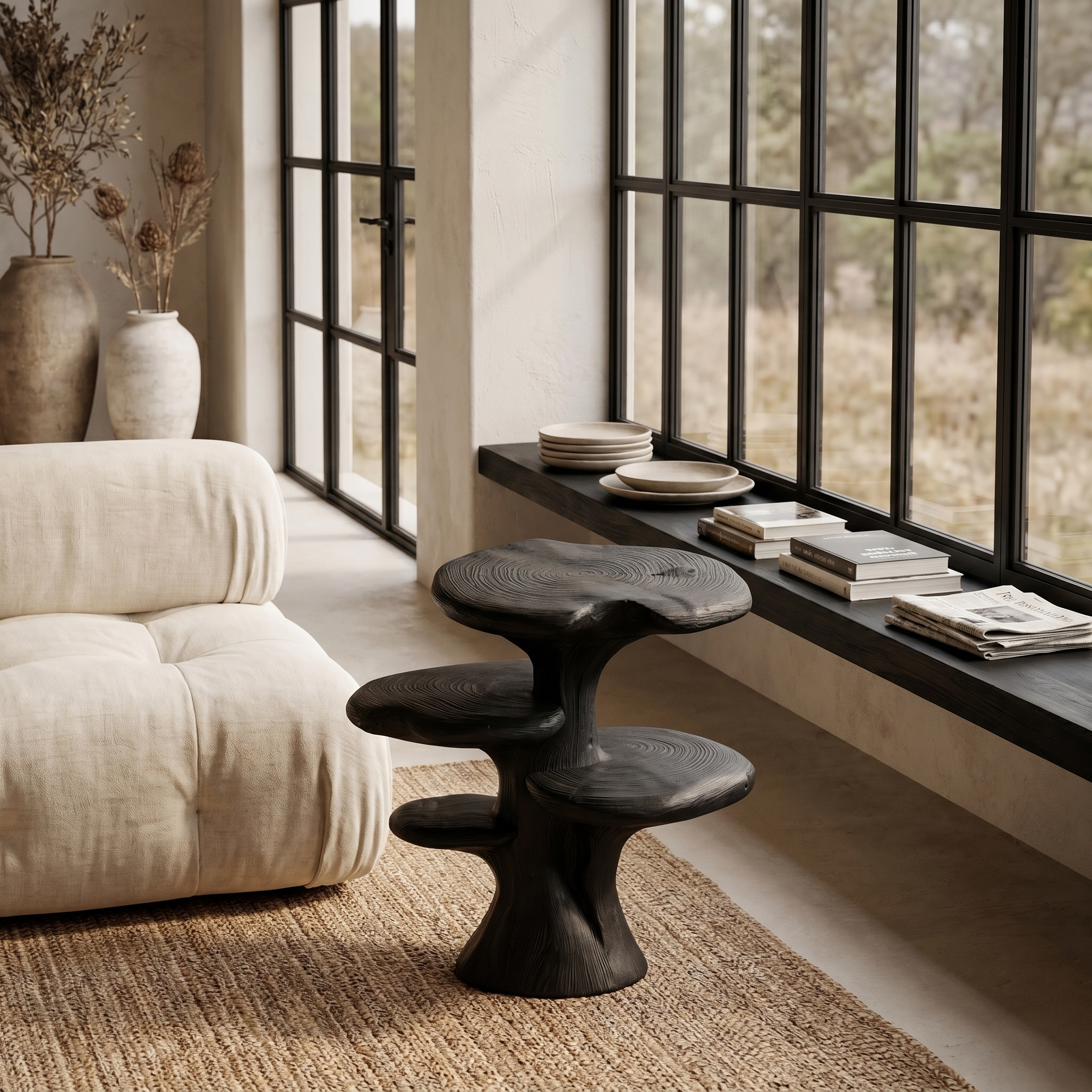 Organic Sculptural Beside Table With Tiered Solid Wood Shelves For Living Room
